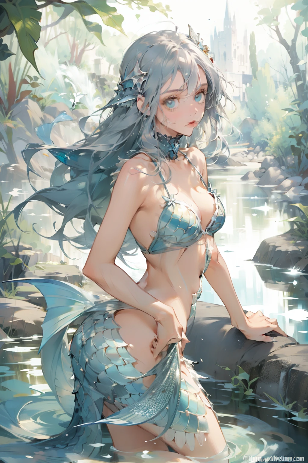 1 girl, adult, long silver hair, small breasts, quiet, water, mermaid tail, half in water, fish fins on head, transparent fish scales on skin, river, mystical, looking at viewer
