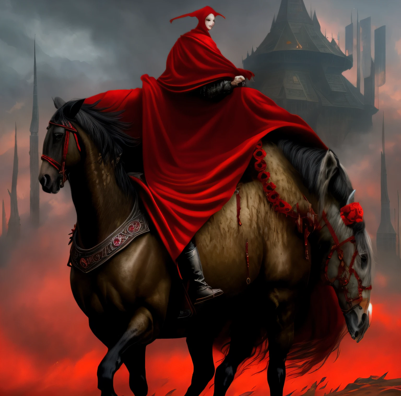 arafed image of a woman in a red cloak riding a horse, just art for dark metal music, nazgul, wraiths riding in the sky, red ogre riding a horse, art cover, death, the third horseman, anthropomorphic horse, album cover, undead winged hussar, album cover concept art, grim, detailed cover artwork