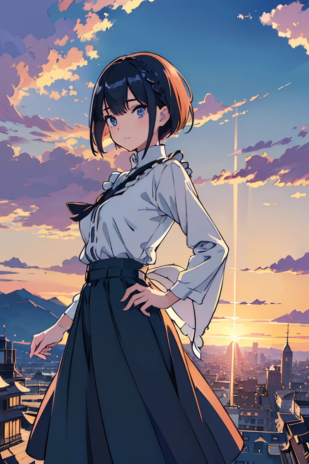 masutepiece, Best quality,illustration, the wallpaper, Ultra detail, absurderes, 1Blittle girl、 Solo, (Medium short hair、short braided hair), Beautiful ultra-detailed eyes , Hair fluttering in the wind、:Tai、 Beautiful sky、(in a panoramic view:1.5)