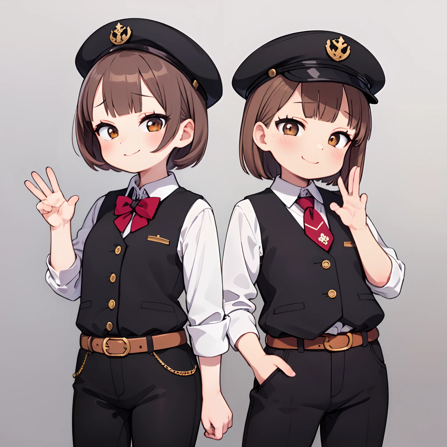 (Extremely detailed:1.3),(Highly detailed:1.2),(Best Quality:1.2),(masutepiece:1.2),  1girl, absurdres, alternate costume, bangs, belt, black belt, black headwear, black pants, black vest, brooch, brown eyes, brown hair, buttons, chain, closed mouth, collared shirt, commentary, contrapposto, cowboy shot, dress shirt, eyelashes, gradient background, grey background, hand up, highres, holding,