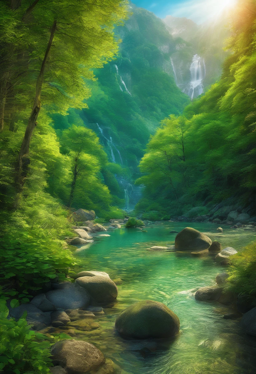Beautiful mountain stream in the green season,Realistic,A high resolution,(Best quality,4K,8K,A high resolution,Masterpiece:1.2),Vivid colors,Natural lighting,Beautiful detail landscape,lush green vegetation,crystal clear water,cascading waterfalls,sunlight filtering through the trees,The gentle breeze rustles the leaves,a peaceful and serene atmosphere,The sound of birds chirping and water flowing,An inviting trail along the stream,Refreshing scent of nature,Peaceful and pristine scenery,Harmony between the elements of nature,The reflection of the sparkling waves on the water,Endless shades of green,Soft sunlight illuminates the landscape,Detailed textures of rocks and leaves,Natural and organic shapes,Immersive and immersive experiences,The light and shadow are in perfect harmony,Majestic mountains surrounding the stream,The perfect paradise in the midst of nature's beauty