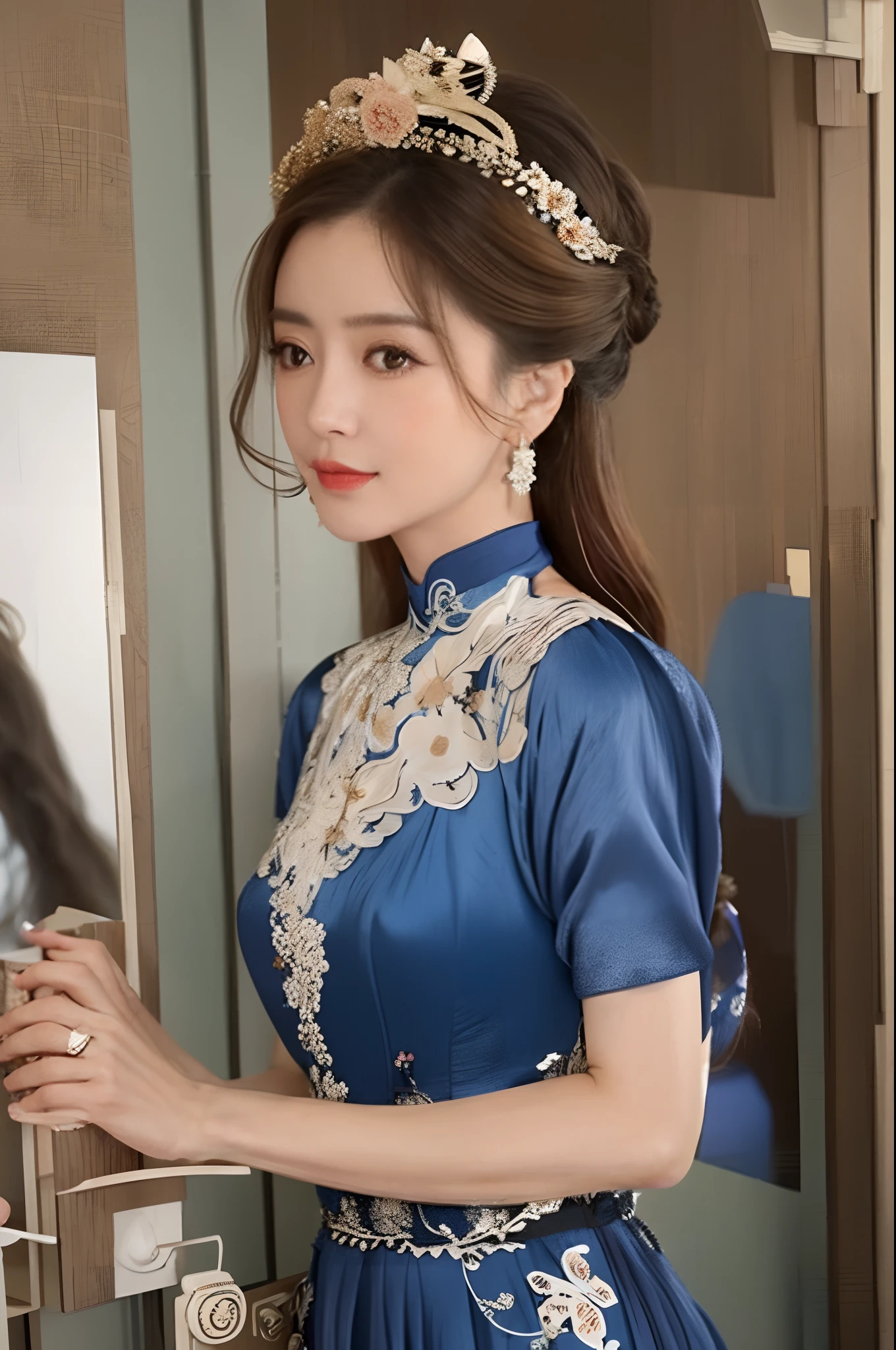 Alafi woman in a blue dress leans against a glass door, dilraba dilmurat, ruan jia beautiful!, xintong chen, wenfei ye, Inspired by Huang Ji, wearing a blue qipao dress, 2 , Li Zixin, 2 9 years old old, Inspired , xue han