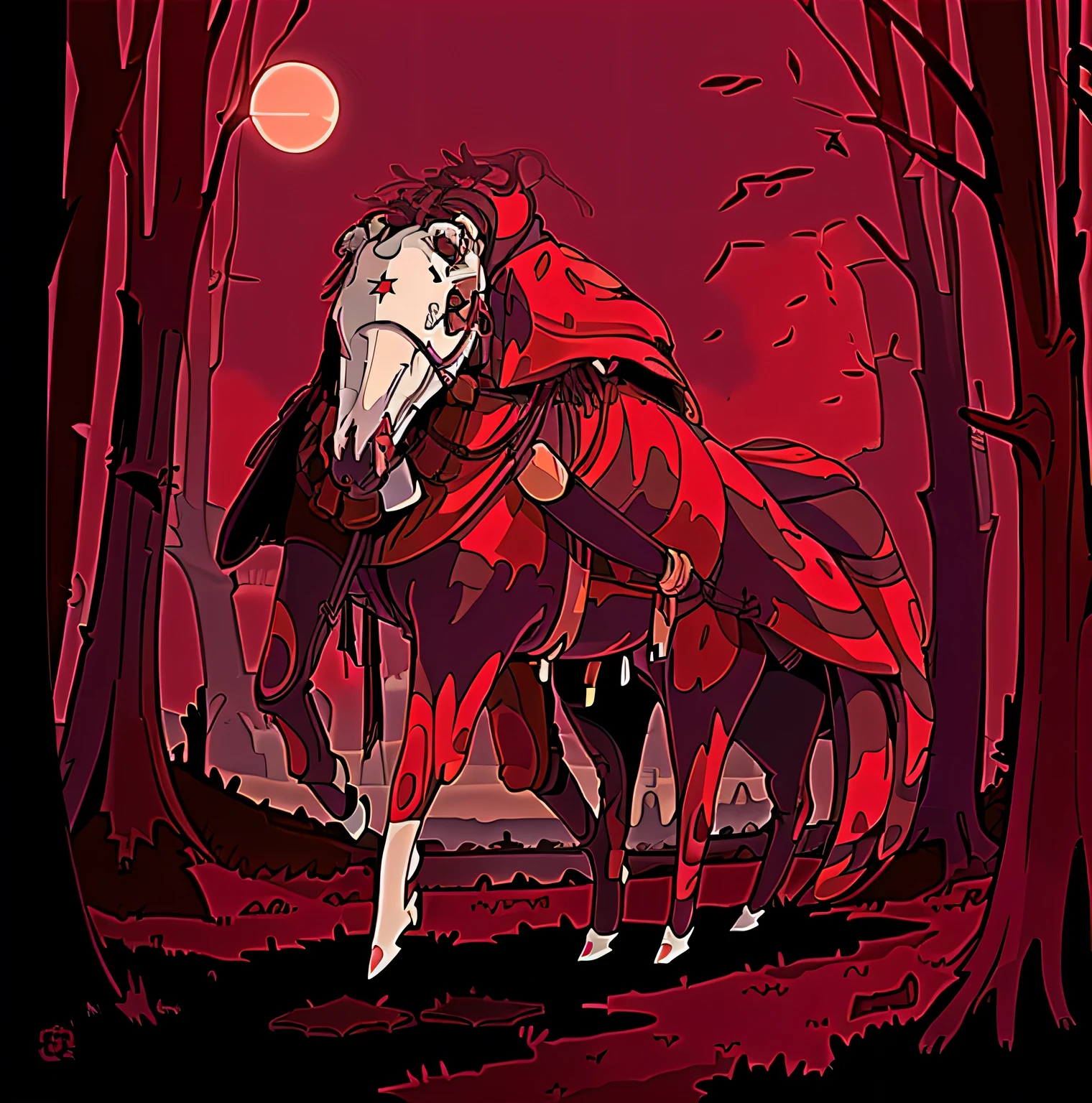 there is a horse with a red cape and a white head, red ogre riding a horse, inspired by Samuel Hieronymus Grimm, an ominous fantasy illustration, dnd fantsay art, in style of dark fantasy art, finished concept art, dressed in a beautiful red cloak, dark high-contrast concept art, big chungus as elden ring boss