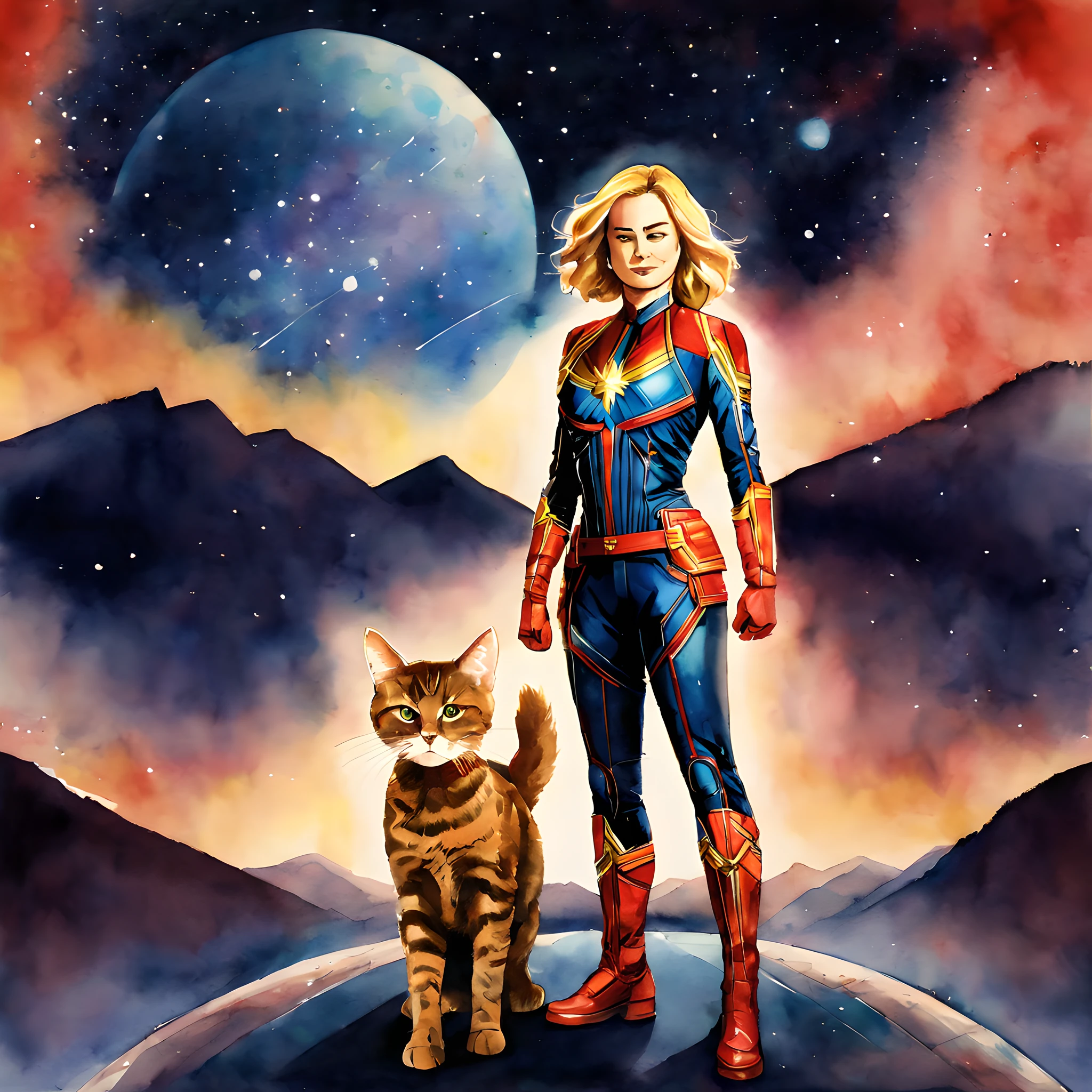 (Goose cat and Captain Marvel:1.5), (Marvel theme:1.5), (ink and watercolor painting:1.5), (Tasteful:1.5), (ink and watercolor painting:1.5), (full color:1.5), 8k, 4k, (landscapes:1.5), (standing at Universe:1.5), (captain marvel and フラーケン:1.5),(universe:1.5), (space:1.5),