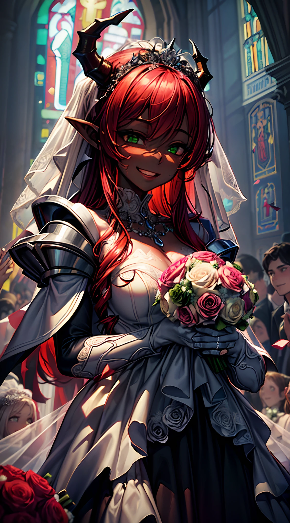 (best quality,masterpiece:1.2),1girl,adult,demon-girl,demon princess,(red hair,dark skin,green eyes:1.1), (tears:0.5), pointy ears,cute face,smiling,looking up,upper body,hair strand,fair skin,(wedding dress:1.5),illustration,detailed eyes,detailed lips,intense gaze, (smile, shy:1.35), (happy face expression:1.5), (holding in hands wedding bouquet:1.6), dettailed fingers, flowing hair,ornate armor,shimmering textures,(in church background:1.5),vibrant colors,sharp focus,powerful presence,luminous lighting,mythical atmosphere,battle vibes,sinister beauty,haunting aura,fierce determination,commanding stance