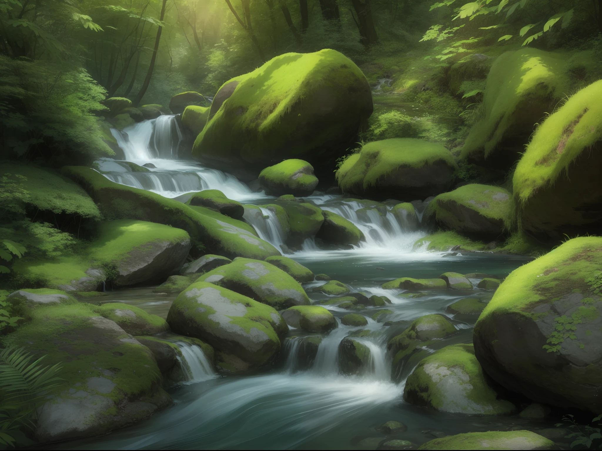 Beautiful mountain stream in the green season,Realistic,A high resolution,(Best quality,4K,8K,A high resolution,Masterpiece:1.2),Vivid colors,Natural lighting,Beautiful detail landscape,lush green vegetation,crystal clear water,cascading waterfalls,sunlight filtering through the trees,The gentle breeze rustles the leaves,a peaceful and serene atmosphere,The sound of birds chirping and water flowing,An inviting trail along the stream,Refreshing scent of nature,Peaceful and pristine scenery,Harmony between the elements of nature,The reflection of the sparkling waves on the water,Endless shades of green,Soft sunlight illuminates the landscape,Detailed textures of rocks and leaves,Natural and organic shapes,Immersive and immersive experiences,The light and shadow are in perfect harmony,Majestic mountains surrounding the stream,The perfect paradise in the midst of nature's beauty