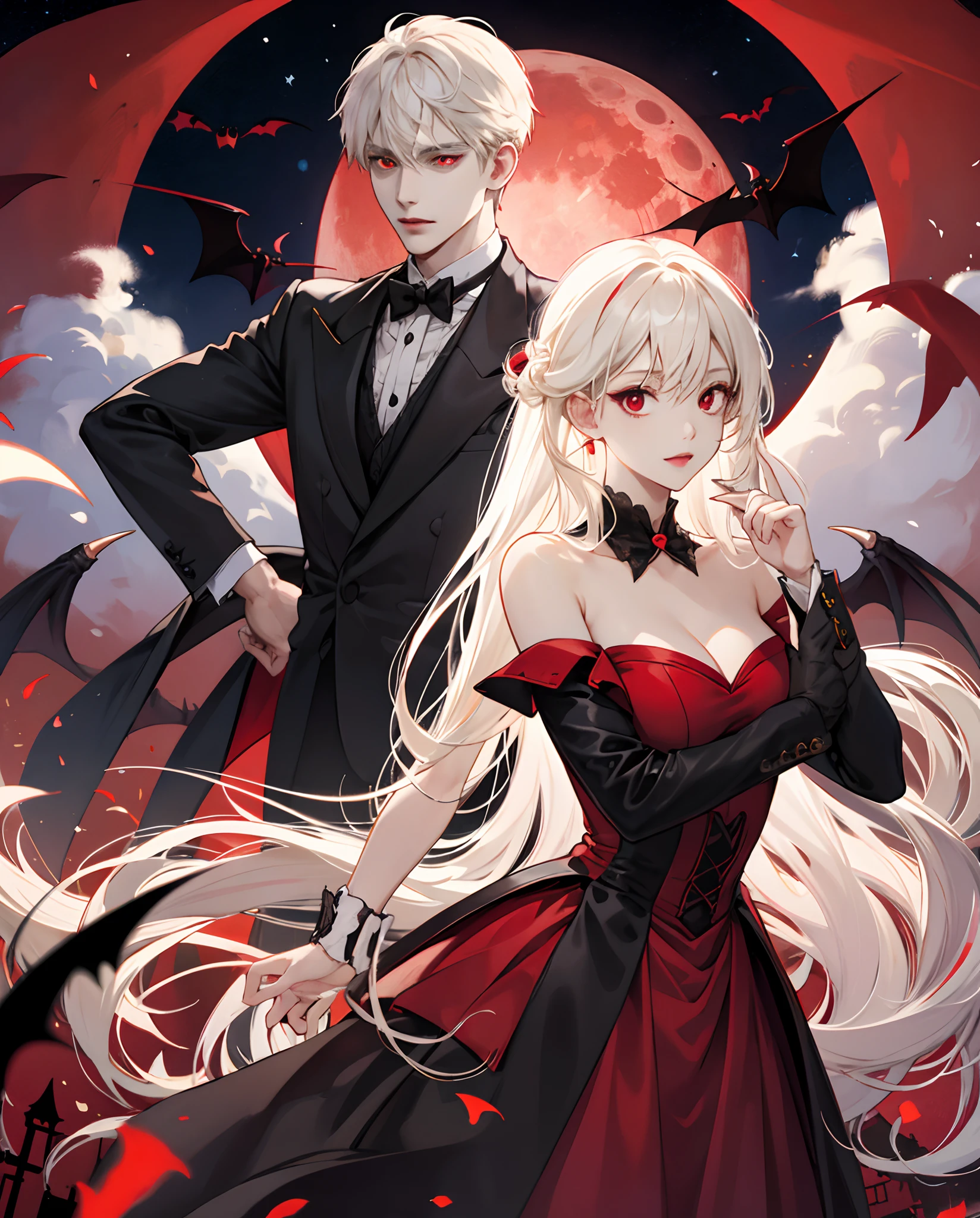 Bat girl with long red eyes with white hair、doress、Red Moon Blonde Girl One、red eyes、Vampire、doress、off shoulders、Red Moon、Midnight、Black tuxedo