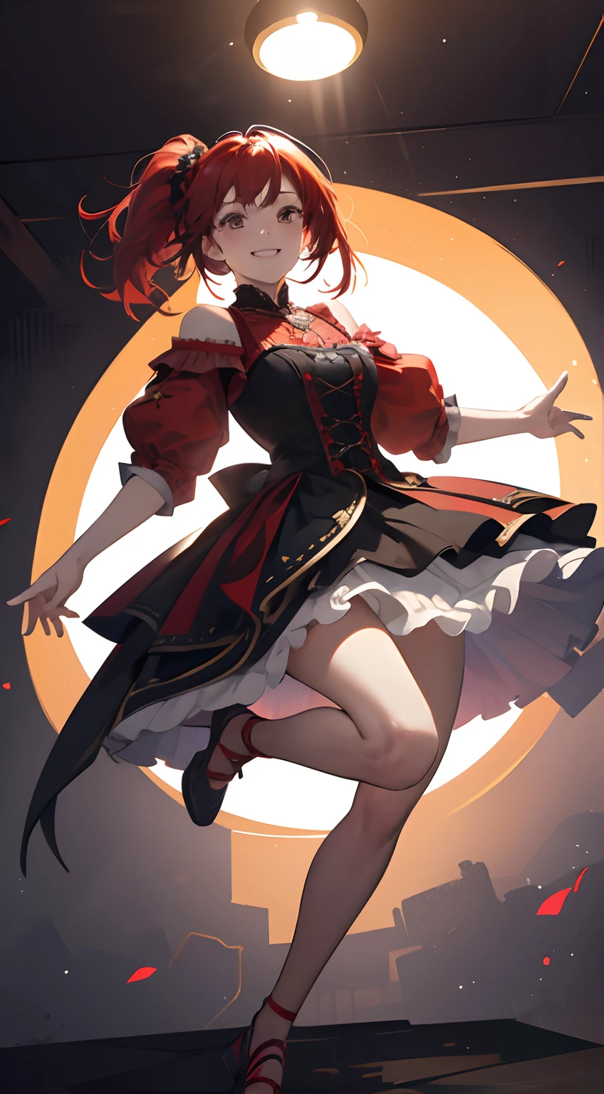 highly detailed, 8k, masterpiece, 1girl, Red tied_hair, dress , crazy_smile, (perfect_face), detailed_background, full_body, bloom,(beautiful lighting:1.3), caustics, dynamic lighting, from_below