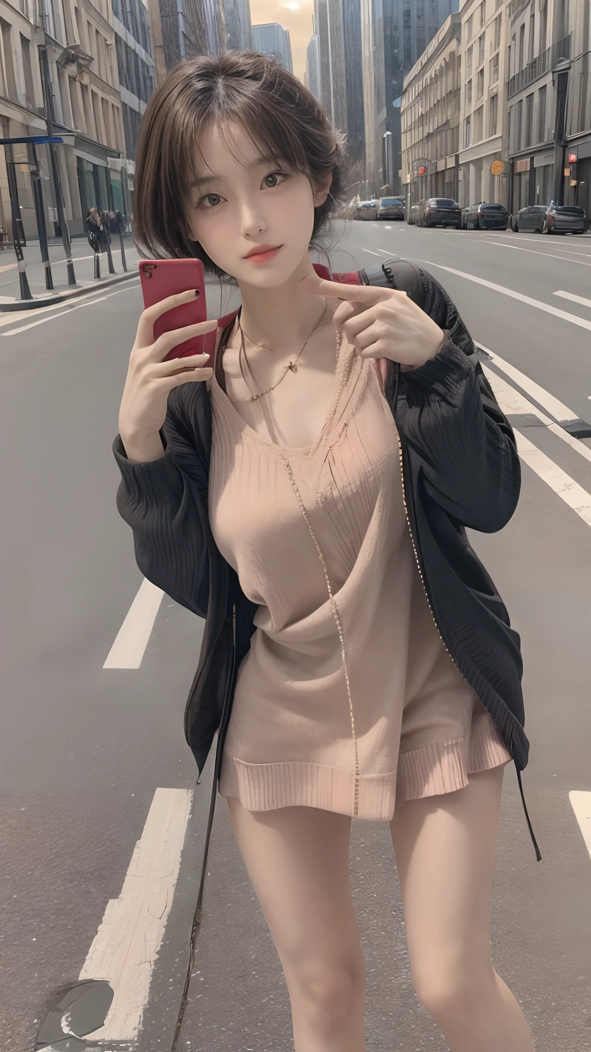 Beautiful woman, fiddling with cell phone in the middle of the street, short clothes