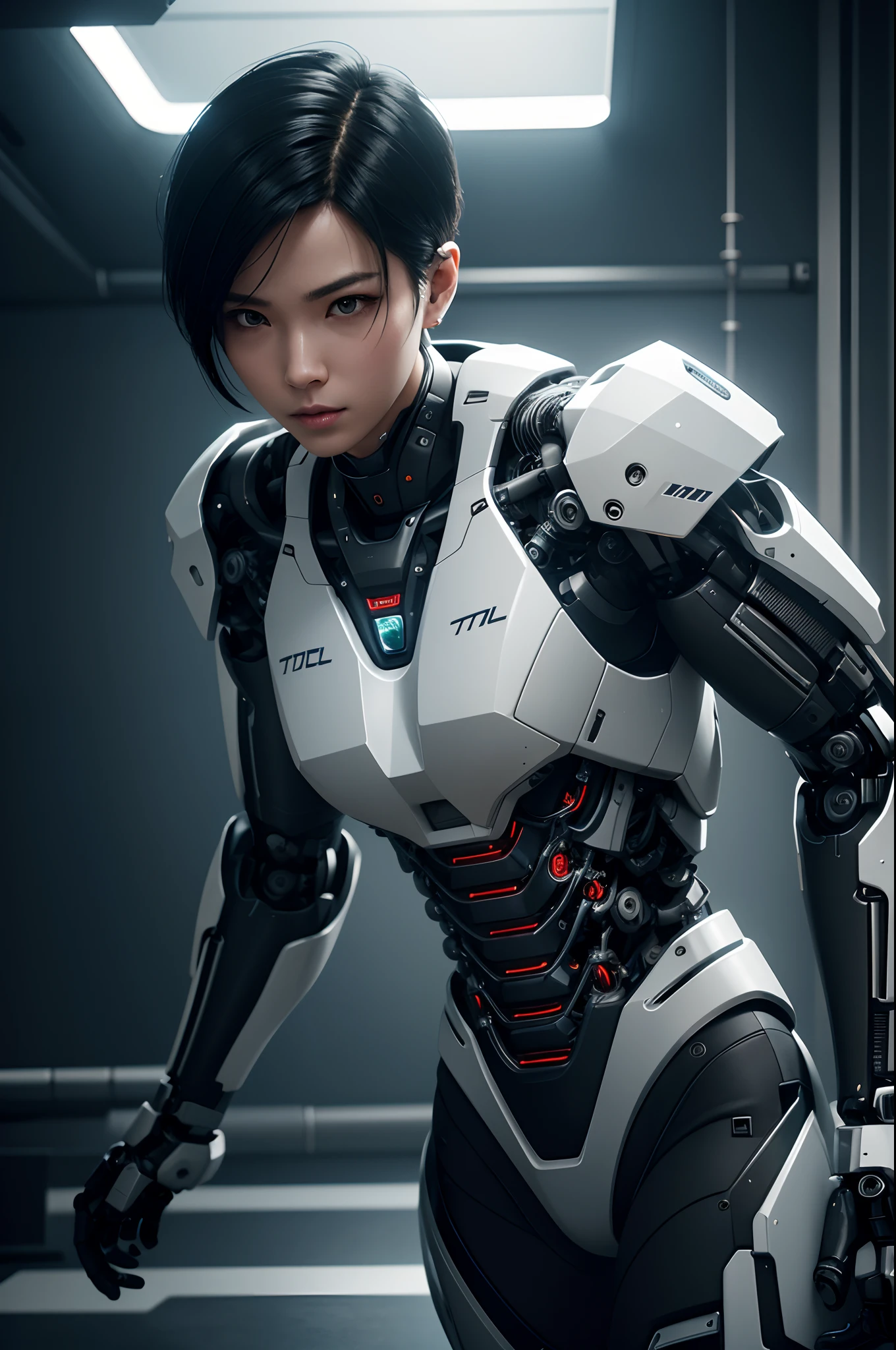 Young Male Cyborg,Intelligent Bionic Robot、Short-haired man with black hair、The body of a delicate machine,Cyborg Robot Parts、cable electric wires、microchips、bright studio、hyperphotorealism、high-detail、intricate detailes、softlighting、Rim Lights、rendering by octane、Unreal Engine 5 Renders、Mechanical Public Enemy Style、8K、top-quality、masterpiece、Low ISO、White Balance、high key lighting、Creates a soft and graceful feel with a shallow depth of field,超A high resolution,cyberpunked.Connected to a large number of cables,In the process of being made,