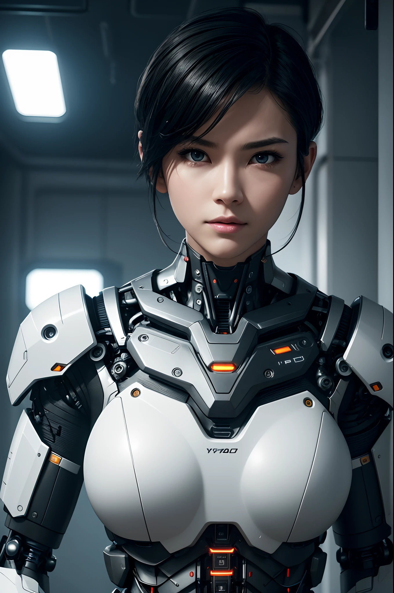 Young Male Cyborg,Intelligent Bionic Robot、Short-haired man with black hair、The body of a delicate machine,Cyborg Robot Parts、cable electric wires、microchips、bright studio、hyperphotorealism、high-detail、intricate detailes、softlighting、Rim Lights、rendering by octane、Unreal Engine 5 Renders、Mechanical Public Enemy Style、8K、top-quality、masterpiece、Low ISO、White Balance、high key lighting、Creates a soft and graceful feel with a shallow depth of field,超A high resolution,cyberpunked.Connected to a large number of cables,In the process of being made,