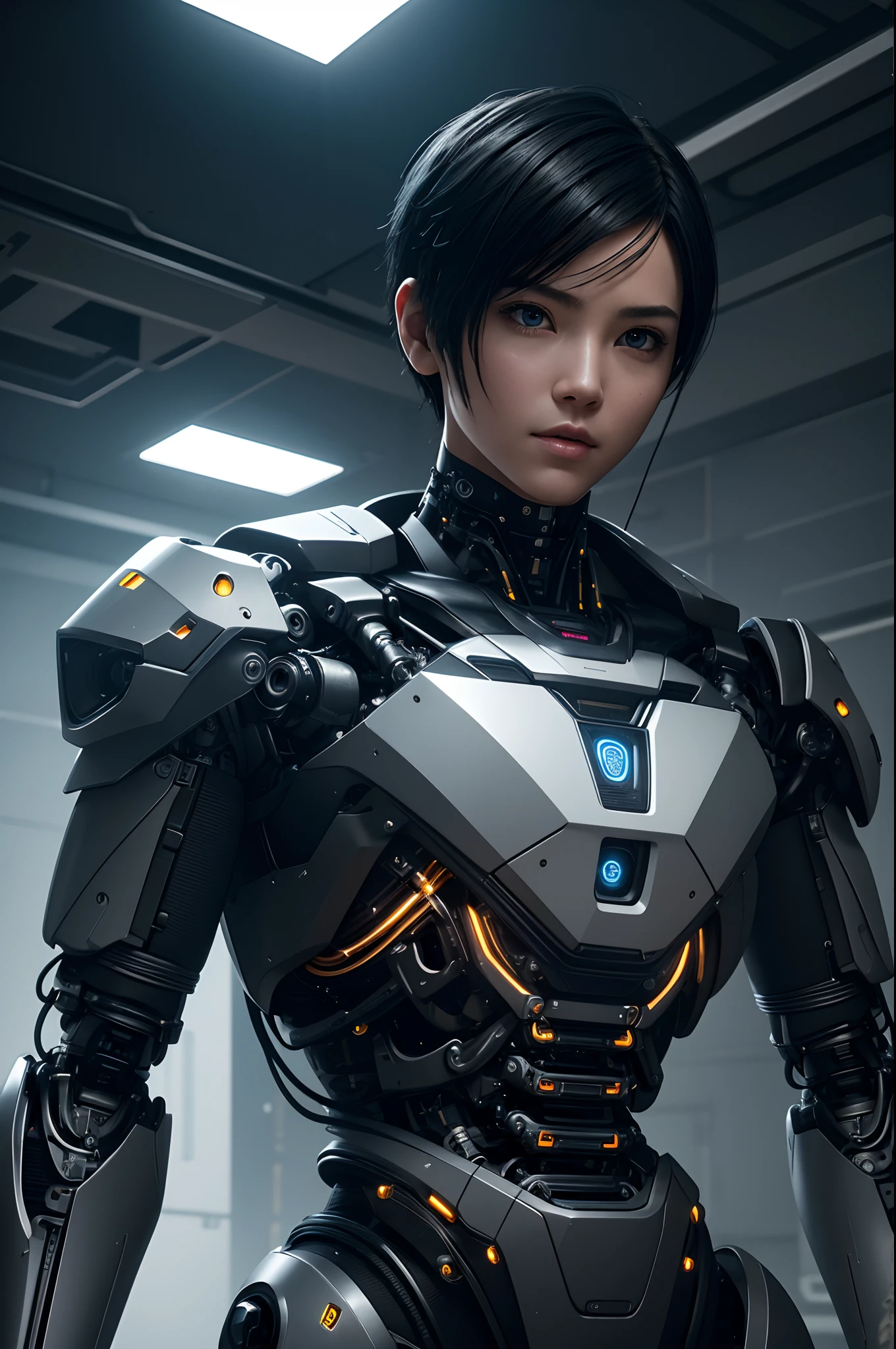 Young Male Cyborg,Intelligent Bionic Robot、Short-haired man with black hair、The body of a delicate machine,Cyborg Robot Parts、cable electric wires、microchips、bright studio、hyperphotorealism、high-detail、intricate detailes、softlighting、Rim Lights、rendering by octane、Unreal Engine 5 Renders、Mechanical Public Enemy Style、8K、top-quality、masterpiece、Low ISO、White Balance、high key lighting、Creates a soft and graceful feel with a shallow depth of field,超A high resolution,cyberpunked.Connected to a large number of cables,In the process of being made,