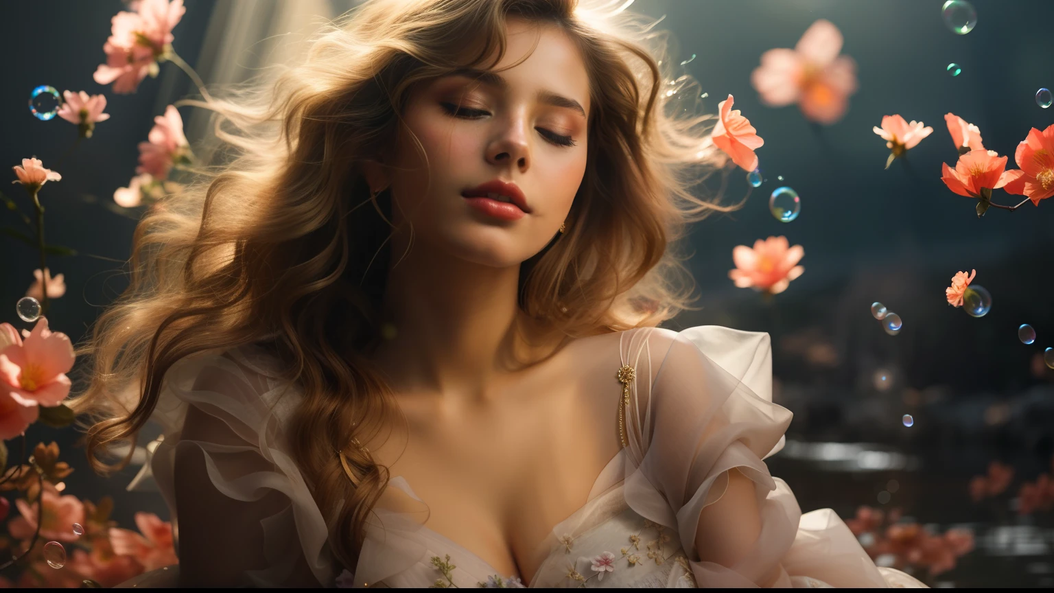 A surreal and ethereal portrait of an Alafi woman wearing a dress adorned with flowers and bubbles, captured in a mesmerizing 8K fashion editorial photography. The focus is on the model's serene face, with her eyes closed, enhancing the dreamlike atmosphere. The vibrant colors of the flowers beautifully complement the woman's radiant beauty. The portrait exudes an otherworldly charm, with the luminescent gown adding an ethereal glow to the overall composition. The young woman possesses an irresistibly sensual allure, captivating viewers with her elegance and grace. This masterpiece, inspired by Barbara Palvin, is a testament to the artistic vision of photographer Mary Bashkirtseff. The dreamy atmosphere evokes a sense of wonder, as if the viewer has stepped into a floral realm where imagination and reality intertwine. The portrait showcases the woman's striking red lips, further enhancing her allure and adding a touch of sultriness. The scene is beautifully lit, with soft and diffused lighting accentuating the woman's delicate features. The entire image is of the utmost quality, with intricate detailing and a photorealistic touch.