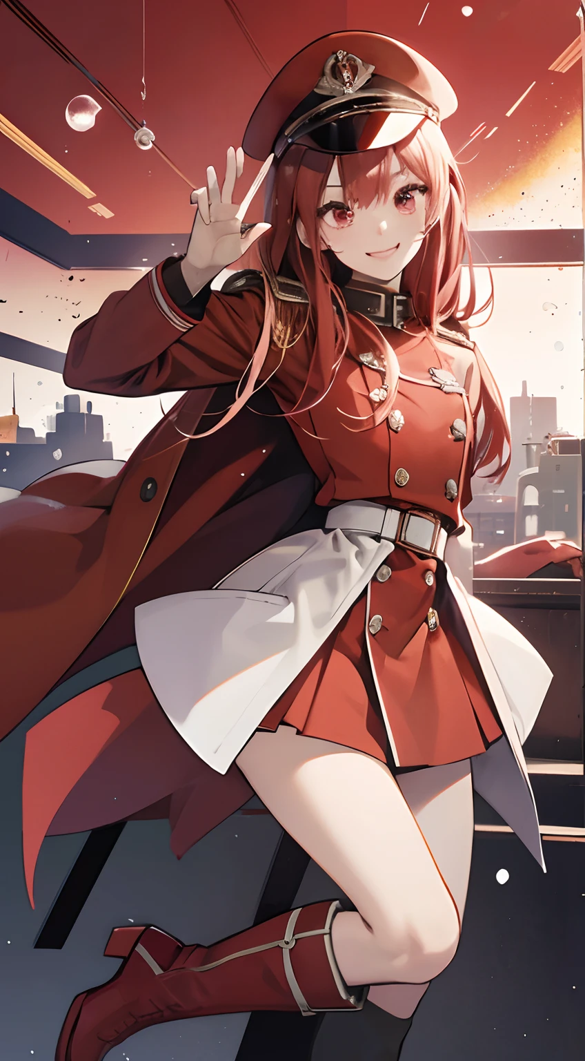 zero two, red and white military cap with a matching overcoat and boots, smiling face, office background, random pose, best quality, military element increase, bubble effect, masterpieces, light make up, a pair of small red horn, perfect body shape, red hair, sharp red pupil, 4k wallpaper quality