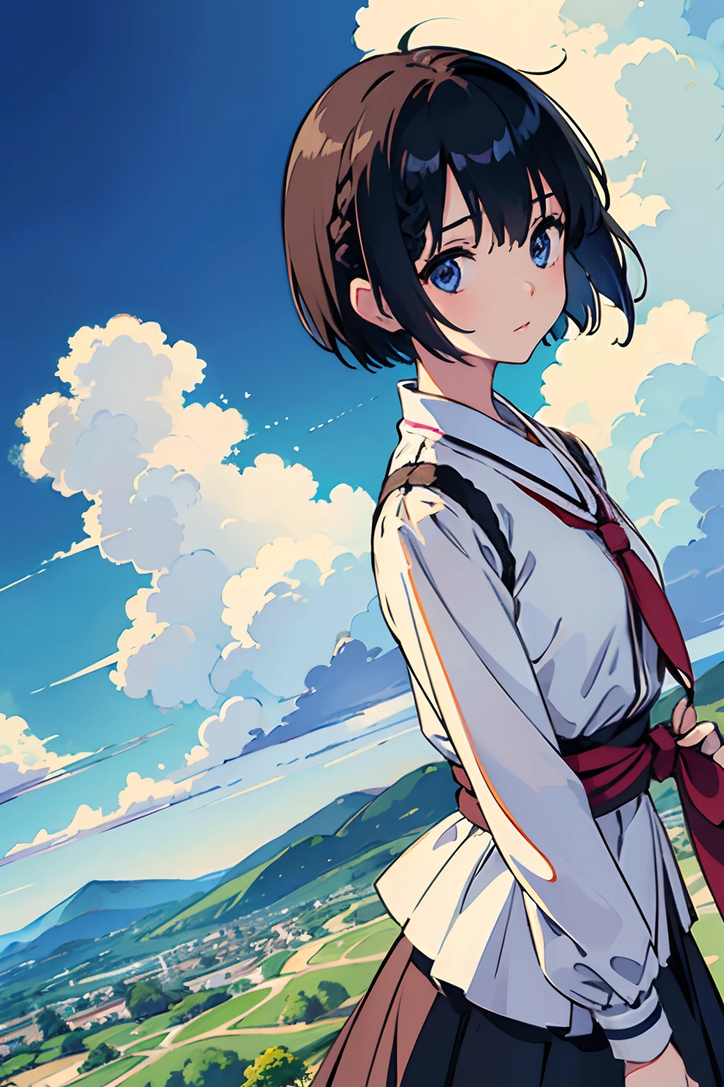 masutepiece, Best quality,illustration, the wallpaper, Ultra detail, absurderes, 1Blittle girl、 Solo, (Medium short hair、short braided hair), Beautiful ultra-detailed eyes , Hair fluttering in the wind、:Tai、 Beautiful sky、(in a panoramic view:1.5)