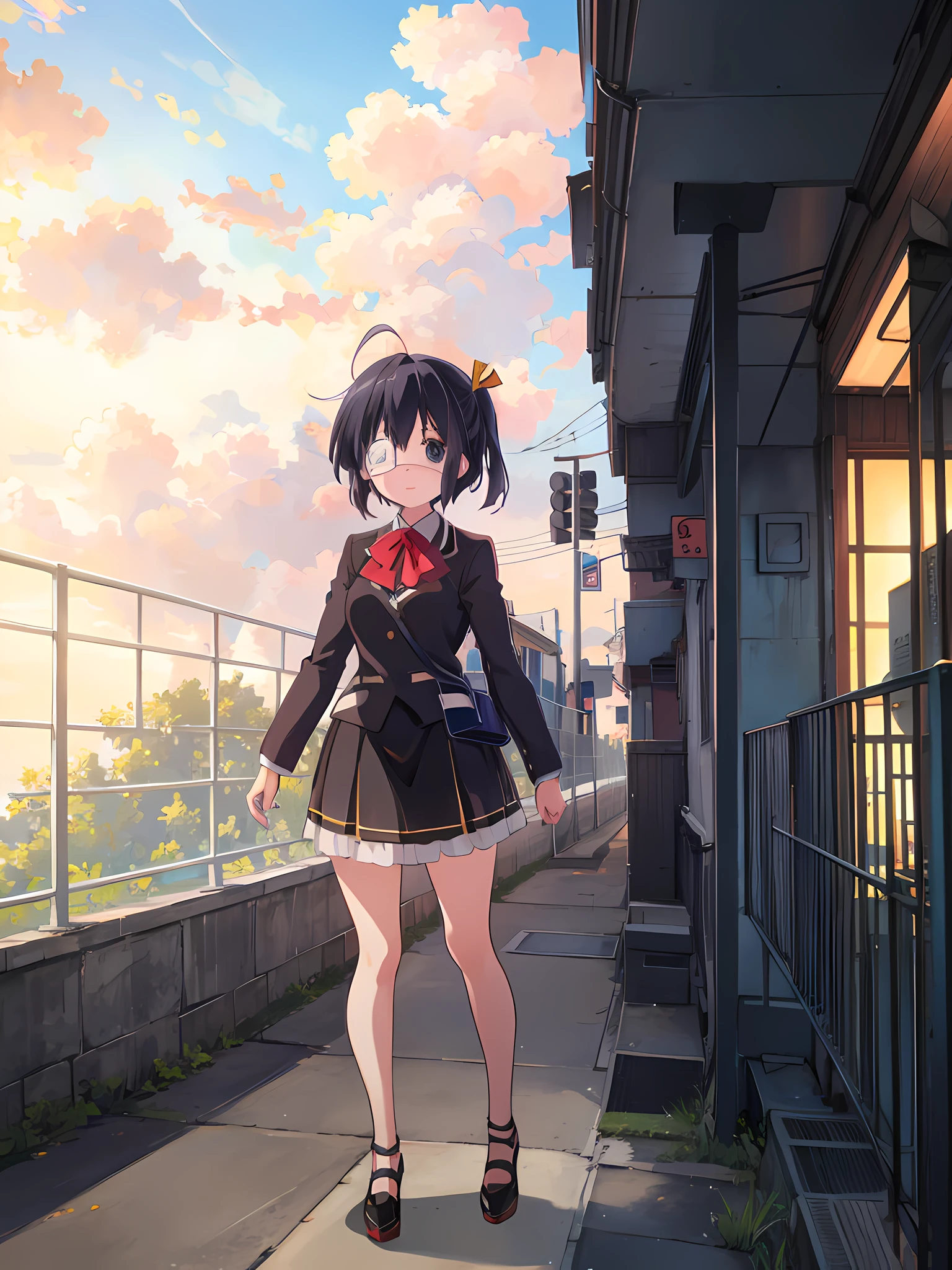 anime girl standing in the city streets, sunset, clear sky, (1girl), black hair, smile, high school uniform, beautiful sky, beautiful anime artwork, ultrasharp, masterpiece, high res, 8k