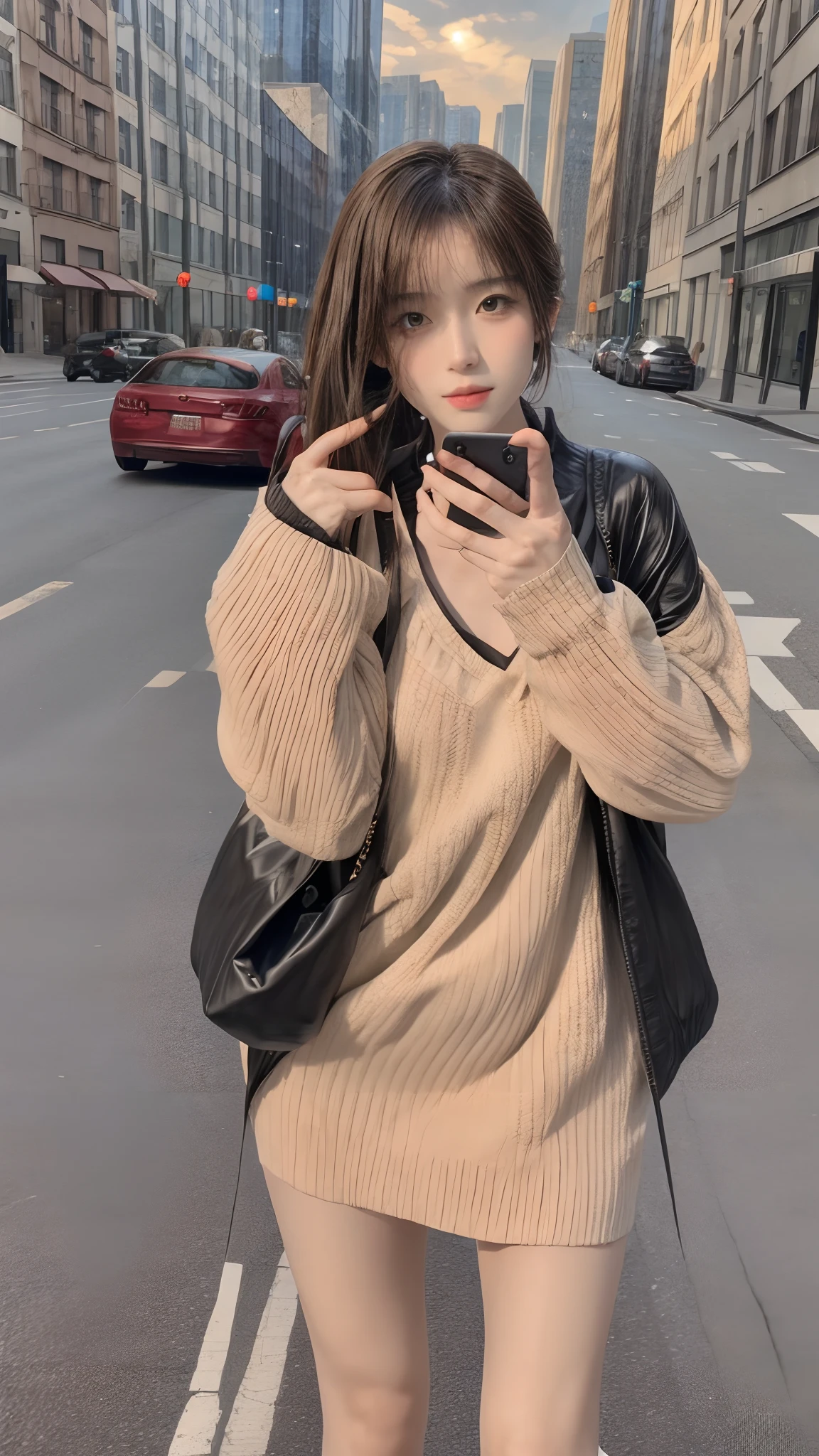 Beautiful woman, fiddling with cell phone in the middle of the street, short clothes
