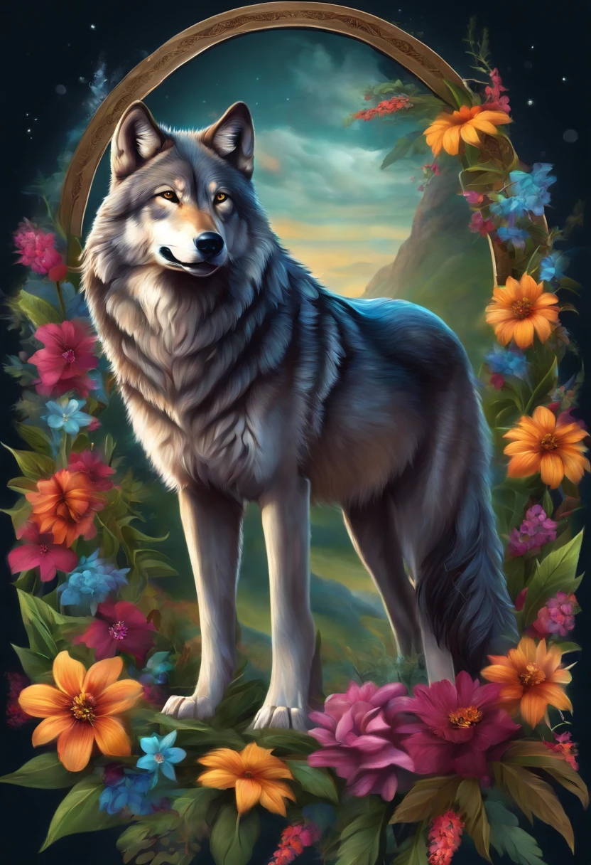 Wolf With Colorful Flowers Sticker