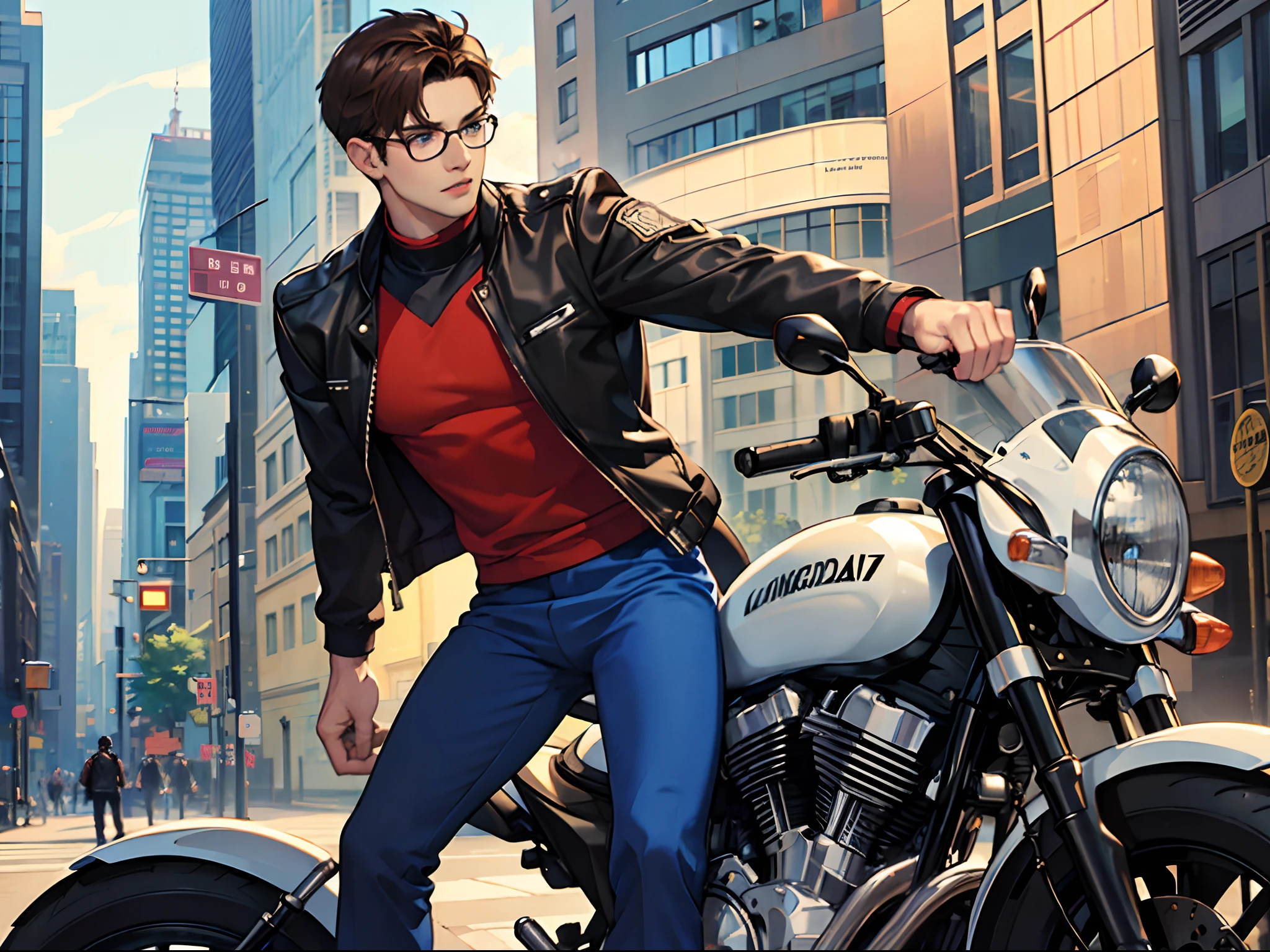 A boy in a motorcycle suit, 27years old, With blue eyes, Round glasses, Brown hair, Short hair, A haggard face,The upper part of the body, In the city.