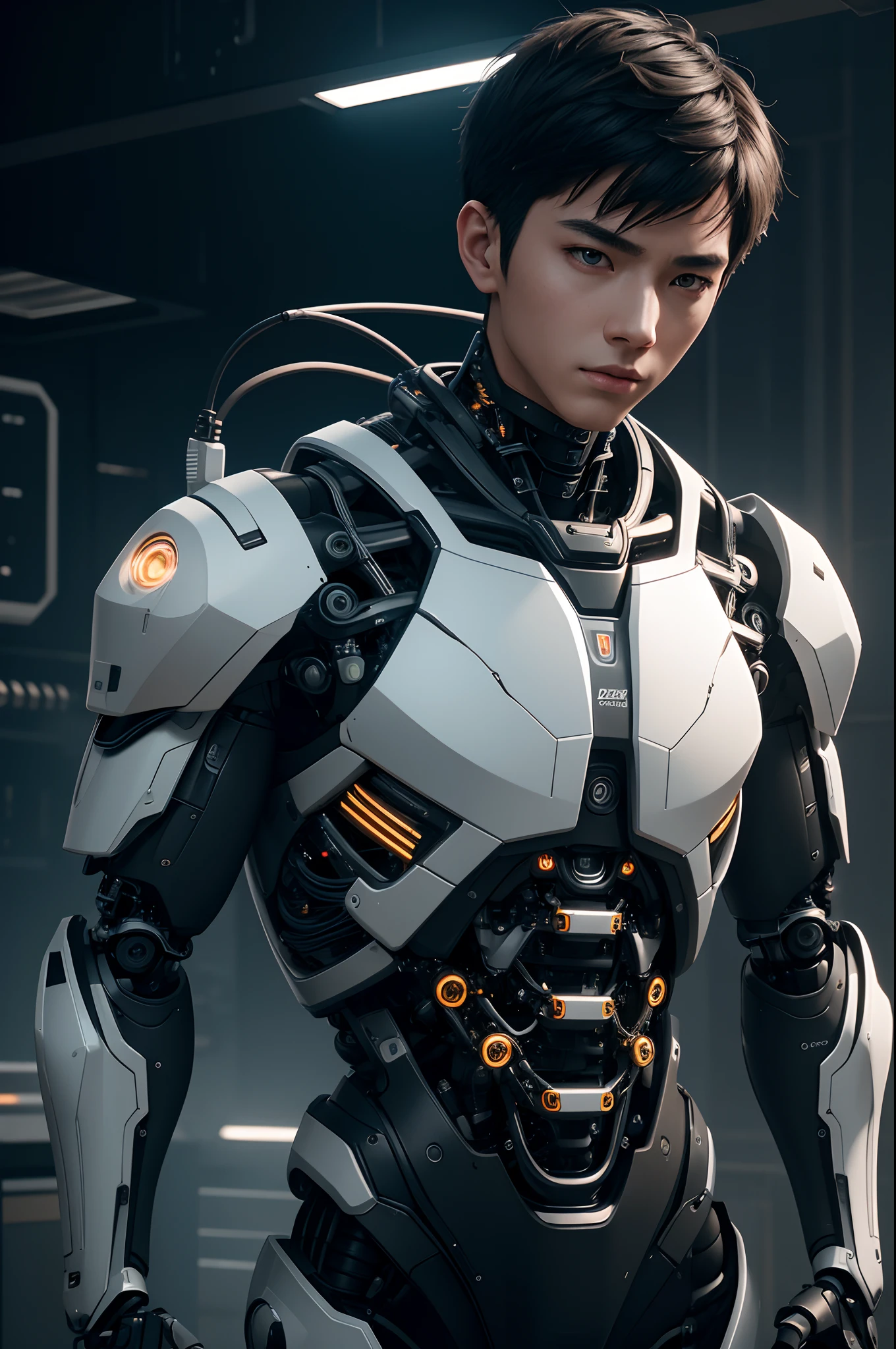 Young Male Cyborg,Intelligent Bionic Robot、Short-haired man with black hair、The body of a delicate machine,Cyborg Robot Parts、A young man,Bare skeleton,cable electric wires、microchips、bright studio、hyperphotorealism、high-detail、intricate detailes、softlighting、Rim Lights、rendering by octane、Unreal Engine 5 Renders、Mechanical Public Enemy Style、8K、top-quality、​masterpiece、Low ISO、White Balance、high key lighting、Creates a soft and graceful feel with a shallow depth of field,超A high resolution,cyberpunked.Connected to a large number of cables,In the process of being made,