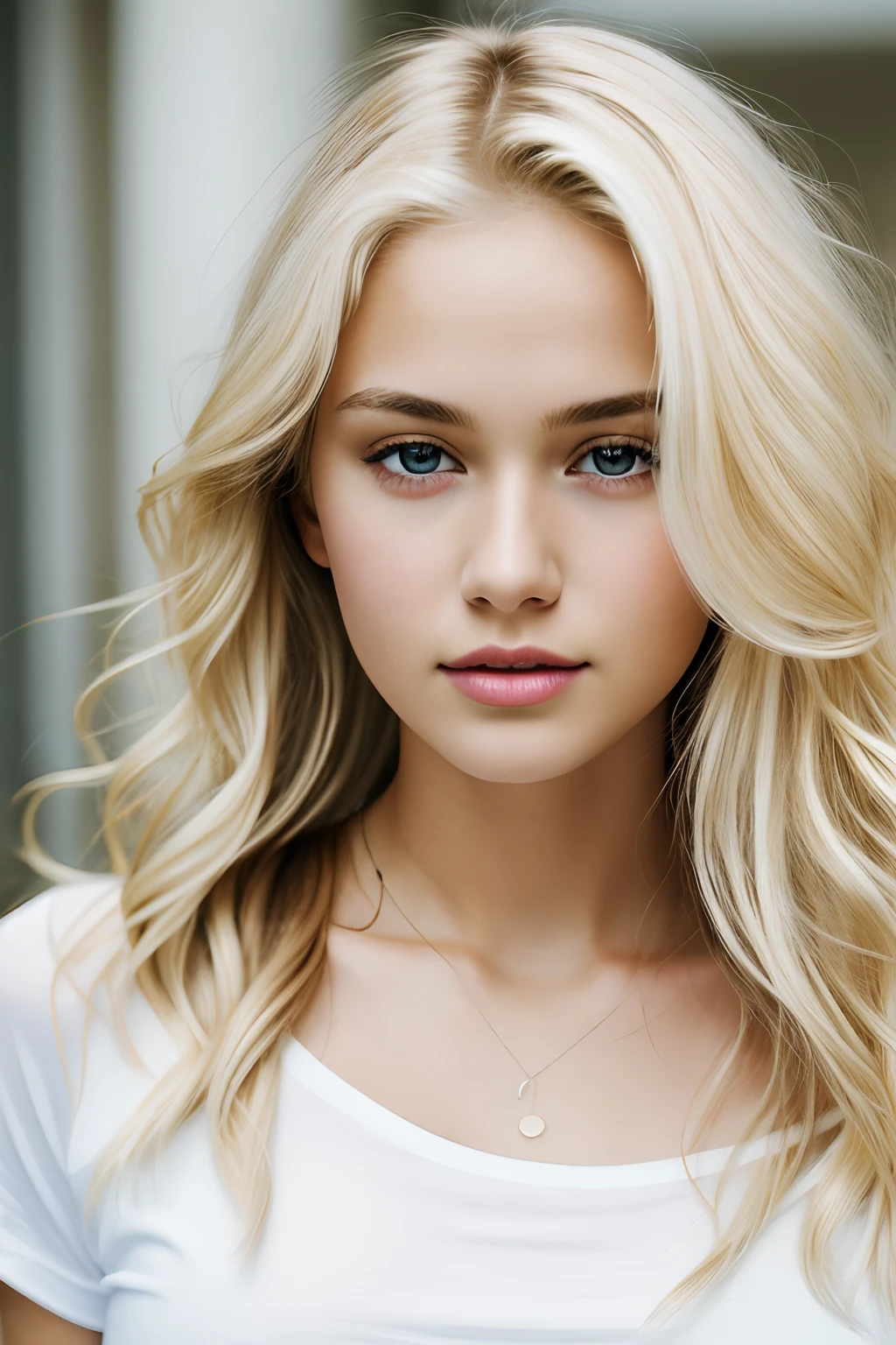 1girl in, , Solo, Long wavy hair, small tits, long messy windy blonde hair, looking at camera, o-face, blonde hair, jewelry, Full body, (extremely detailed 8k wallpaper), soft lighting, high quality, film grain, Fujifilm XT3 sharp focus, f 5.6, 50mm, High Detail, Sharp focus,(natural light), (seductive), revealing, Realistic, sexy, tight white t-shirt