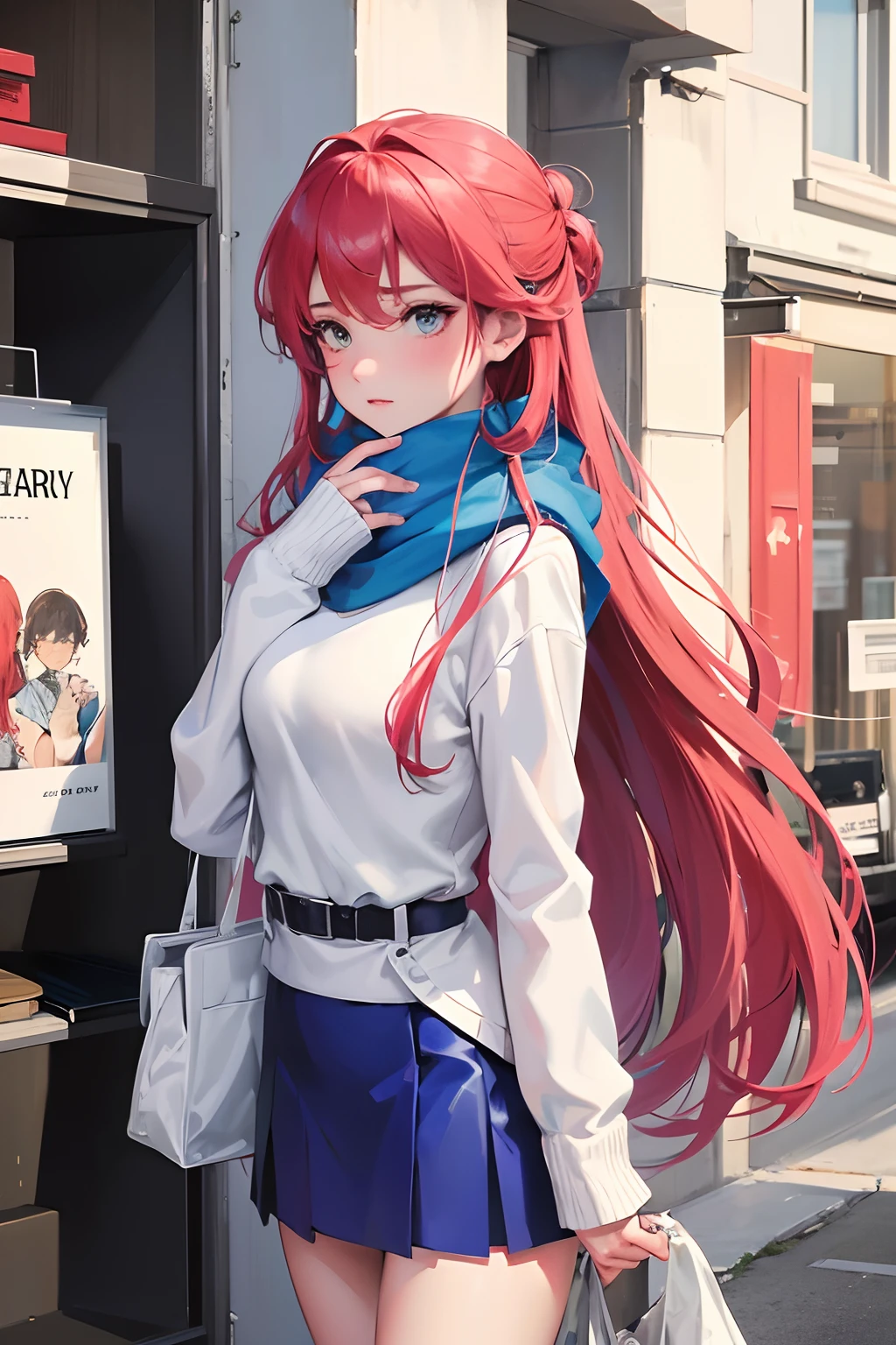 Two-dimensional handsome boy，sideface，wearing a white sweater，Wearing a blue scarf，Holding the girl，Girl with long red hair，Pink skirt suit，A pair of beautiful white legs，Tiptoe，The two kissed