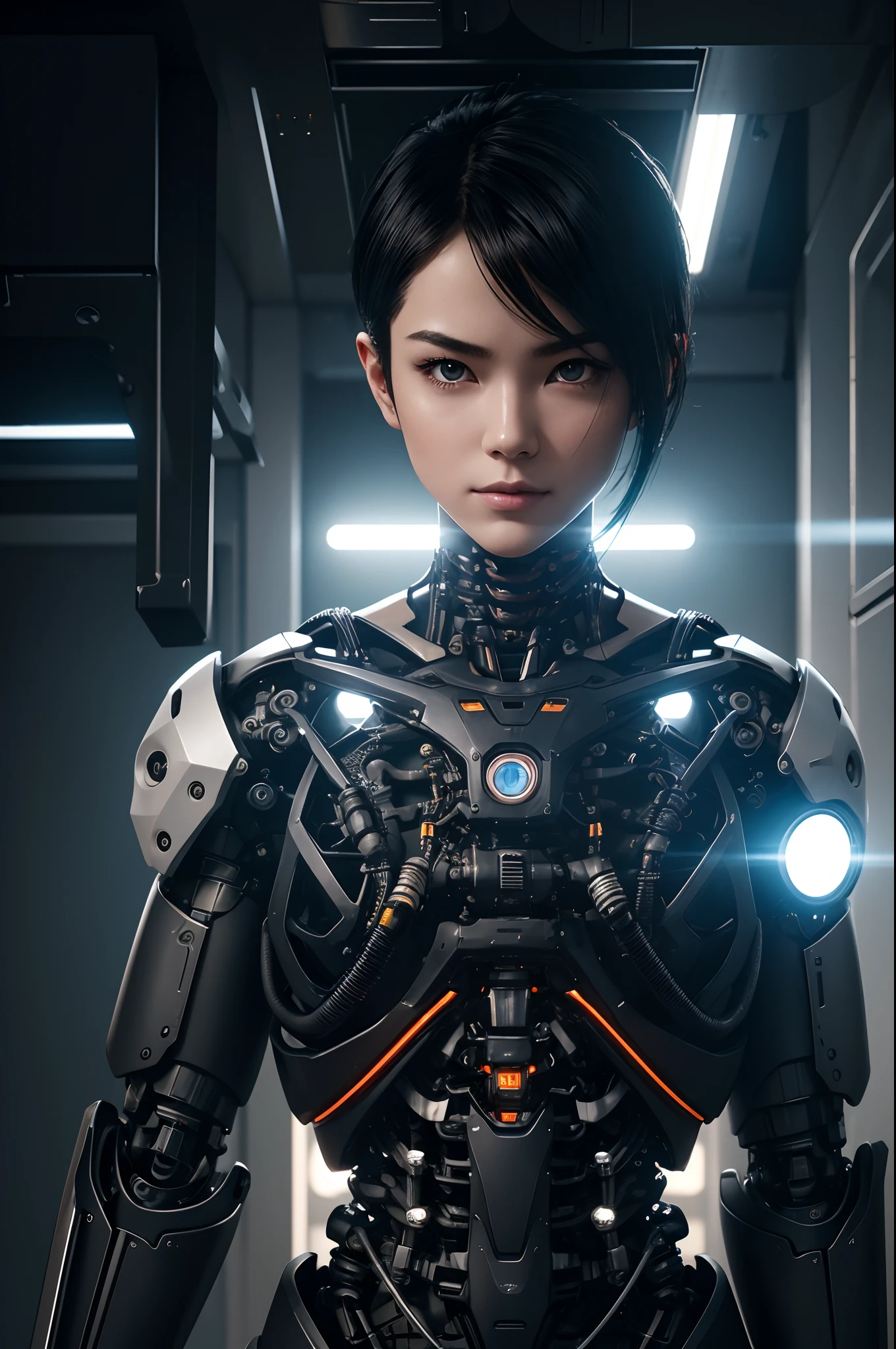 1 Only the upper body was hung,The skeleton and internal circuits of the machine are built,Mechanical Boy,((super realistic details)),A small sparkling blue crystal on the left chest,Half of the jaw is a machine,Boat Rate,globalillumination,Shadu,octan render,8K,ultrasharp,metal,Convolut,Ornament Detail,Cold color,Egyptian Detail,highly intricate detail,Realistic luminescence,Trends in CGS Society、radiant eyes、Camera orientation、Neon Detail、Mechanical limbs、Blood vessels connected to tubes、Mechanical vertebrae attached to the back、Mechanical cervical neck is attached,、Sedentary posture、Wires and cables tied to the head、Short-haired handsome with black hair、Connected to many cables、The exterior emits LEDs that have no color、android、Half of the body is mechanical、Internal structure of the machine、Lots of wires and cables、to be continued,