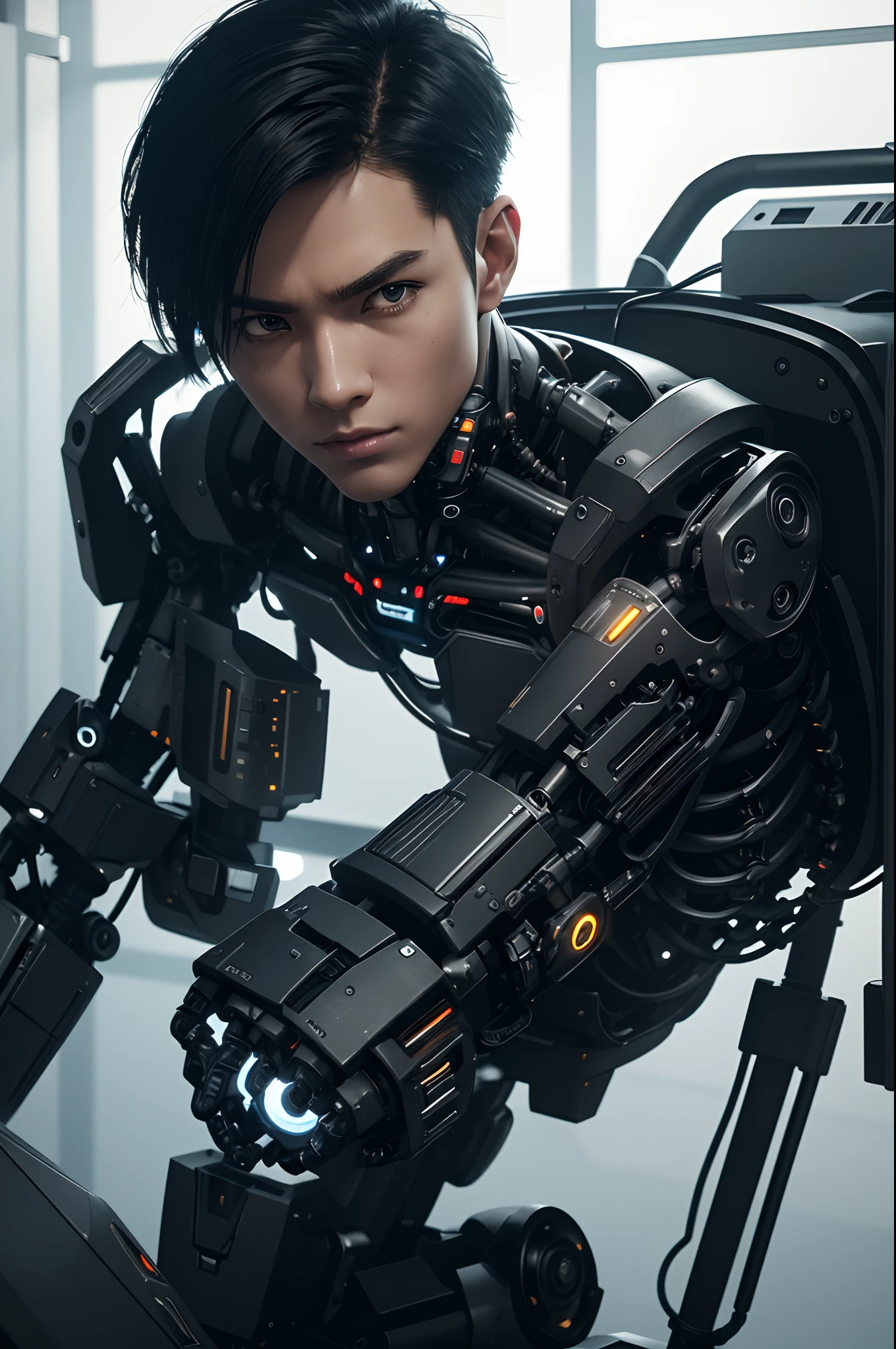 Young Male Cyborg,Body in production,Intelligent Bionic Robot、Short-haired man with black hair、The body of a delicate machine,Cyborg Robot Parts、A young man,Bare skeleton,cable electric wires、microchips、bright studio、hyperphotorealism、high-detail、intricate detailes、softlighting、Rim Lights、rendering by octane、Unreal Engine 5 Renders、Mechanical Public Enemy Style、8K、top-quality、​masterpiece、Low ISO、White Balance、high key lighting、Creates a soft and graceful feel with a shallow depth of field,超A high resolution,cyberpunked.Connected to a large number of cables,In the process of being made,