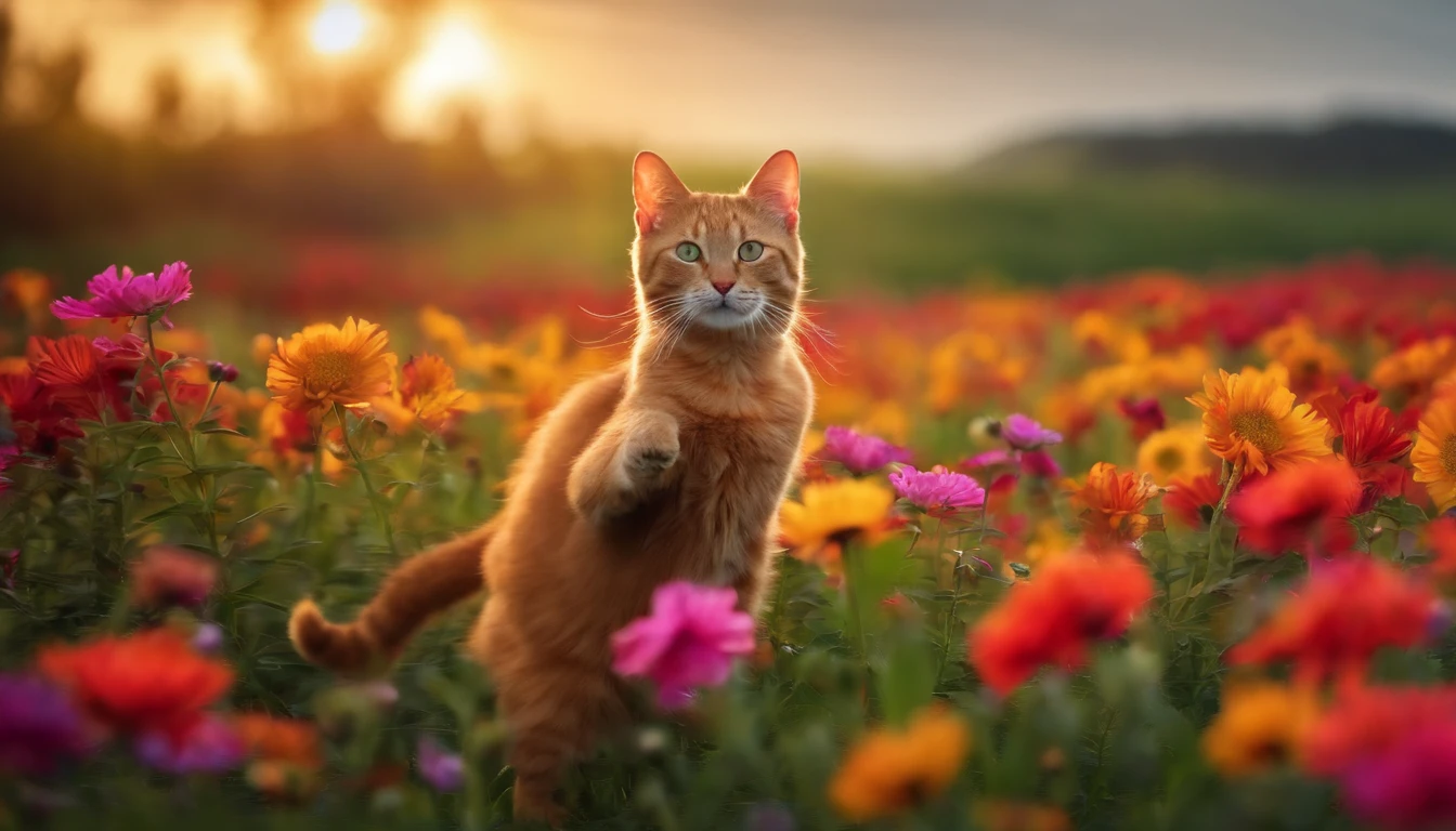 Cat dancing in a flower field
