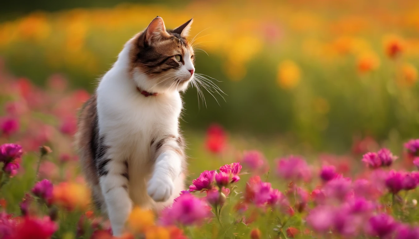 Cat dancing in a flower field