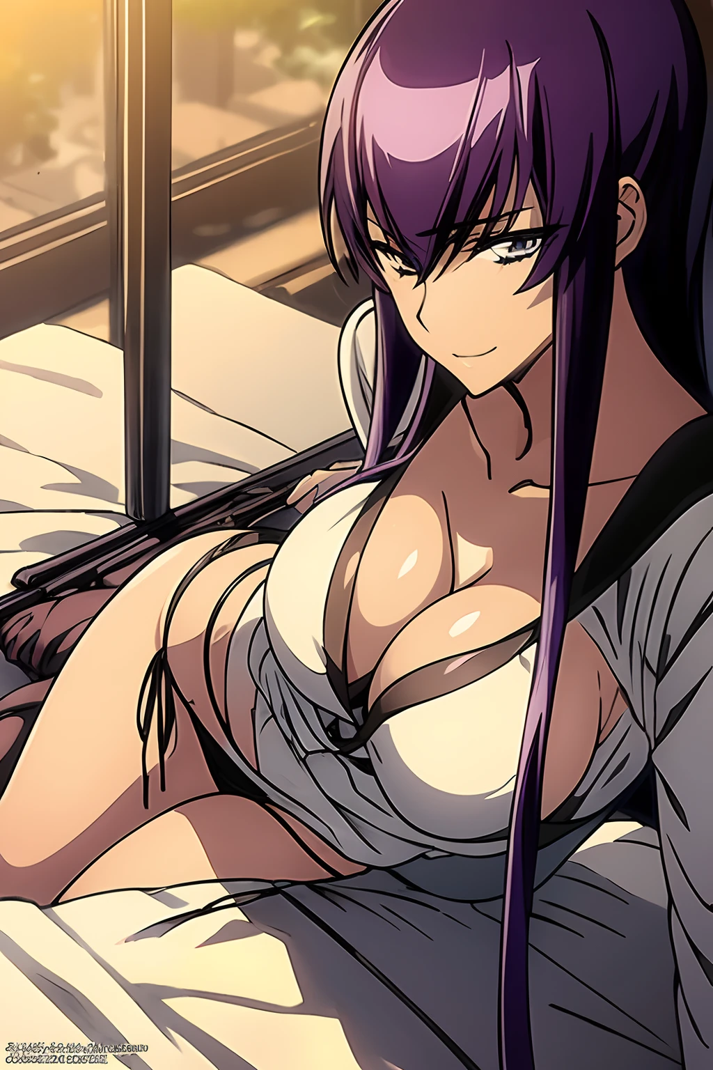 Saeko Busujima, Mujer en bikini sentada en la cama con pizza y gato, Cudesexyrobutts, Artgerm extremadamente detallado, Artgerm. anime illustration, Arte detallado del anime digital, en pixiv, Arte de anime limpio y detallado, ilustraciones detalladas del anime, Artgerm. High detail, Katacy, Mejor valorado en Pixiv, seductora chica de anime, Arte Pinup