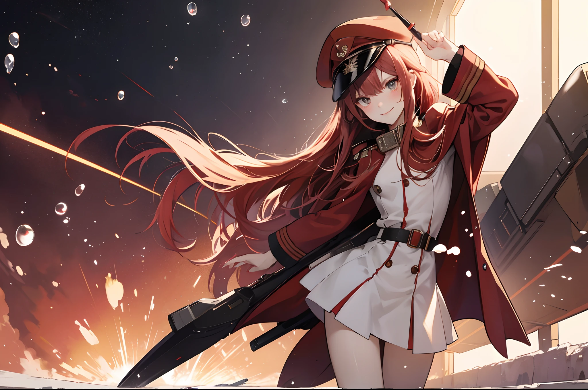 zero two, red and white military cap with a matching overcoat and boots, smirk face, office background, random pose, best quality, military element increase, bubble effect, masterpieces, light make up, a pair of small red horn, perfect body shape, red hair, sharp red pupil, blush, well used digital art