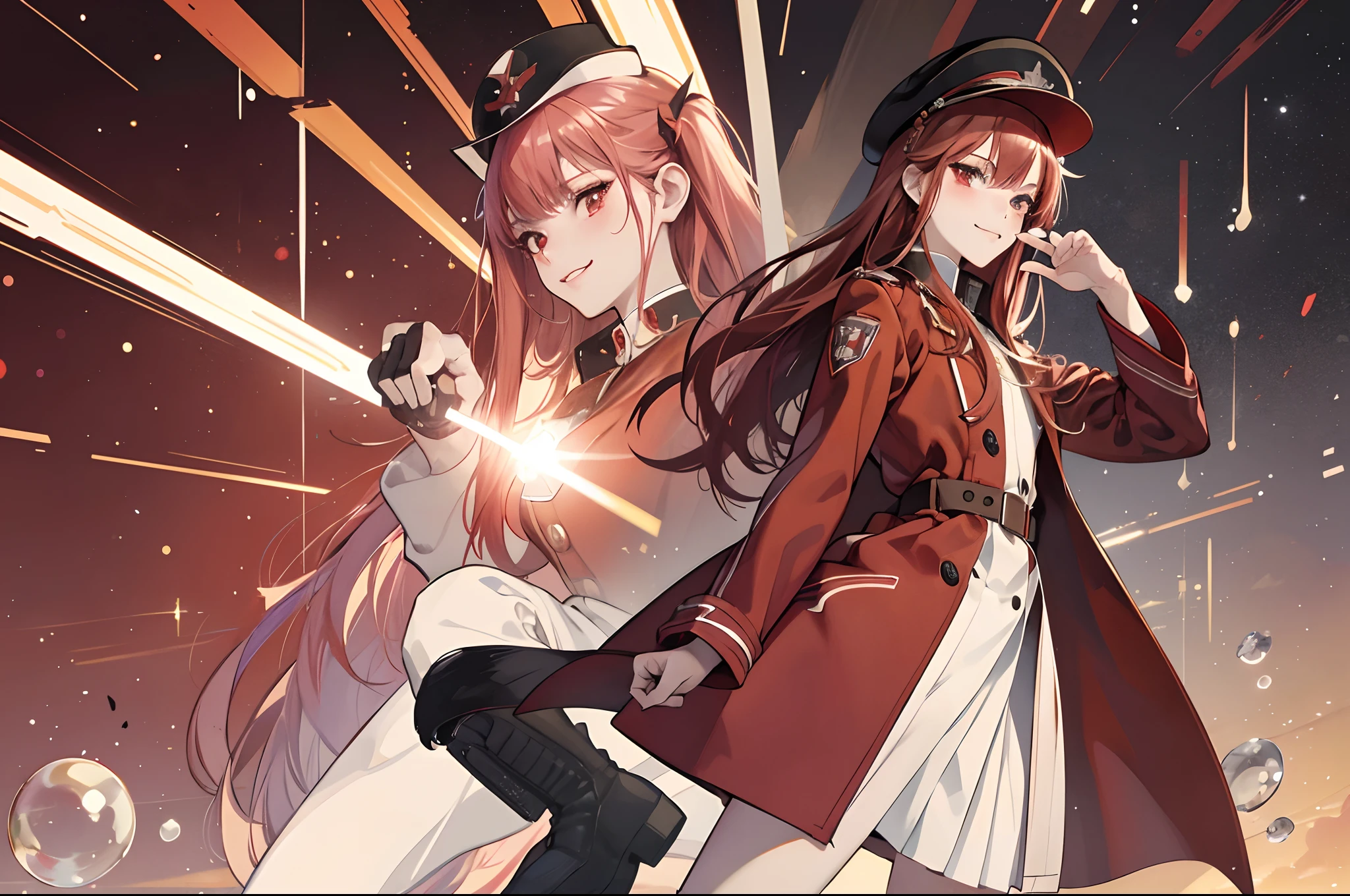 zero two, red and white military cap with a matching overcoat and boots, smirk face, office background, random pose, best quality, military element increase, bubble effect, masterpieces, light make up, a pair of small red horn, perfect body shape, red hair, sharp red pupil, blush, well used digital art