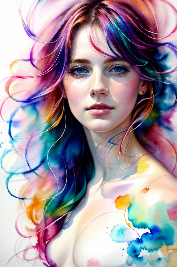 (8k, best quality, masterpiece:1.2),(best quality:1.0), (ultra highres:1.0), watercolor, a beautiful woman, shoulder, hair ribbons, by agnes cecile, half body portrait, extremely luminous bright design, pastel colors, (ink:1.3), autumn lights