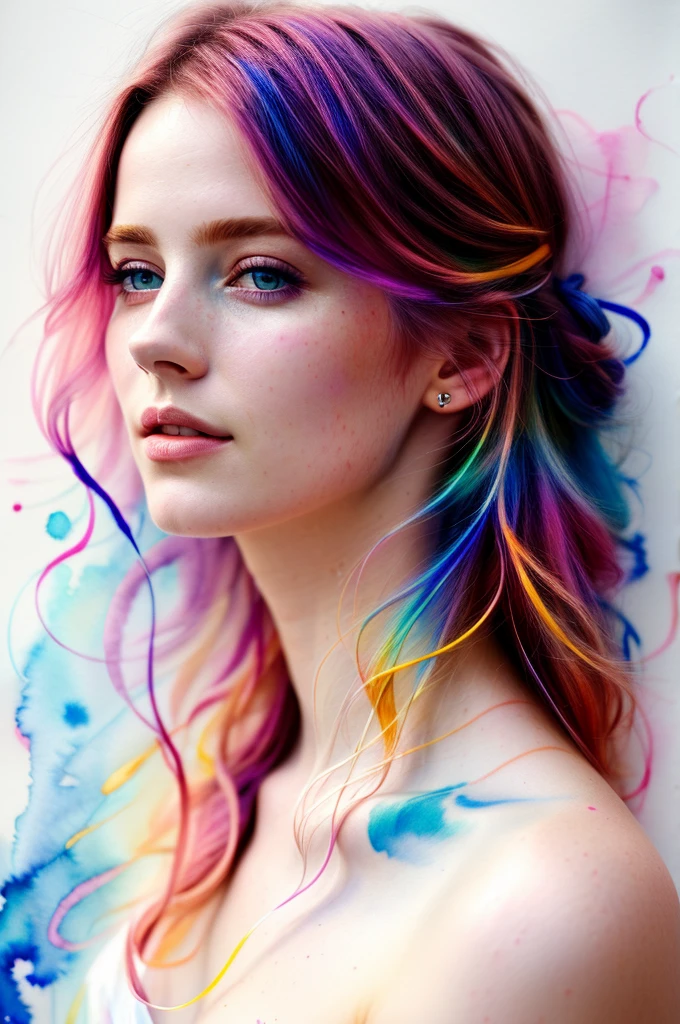 (8k, best quality, masterpiece:1.2),(best quality:1.0), (ultra highres:1.0), watercolor, a beautiful woman, shoulder, hair ribbons, by agnes cecile, half body portrait, extremely luminous bright design, pastel colors, (ink:1.3), autumn lights
