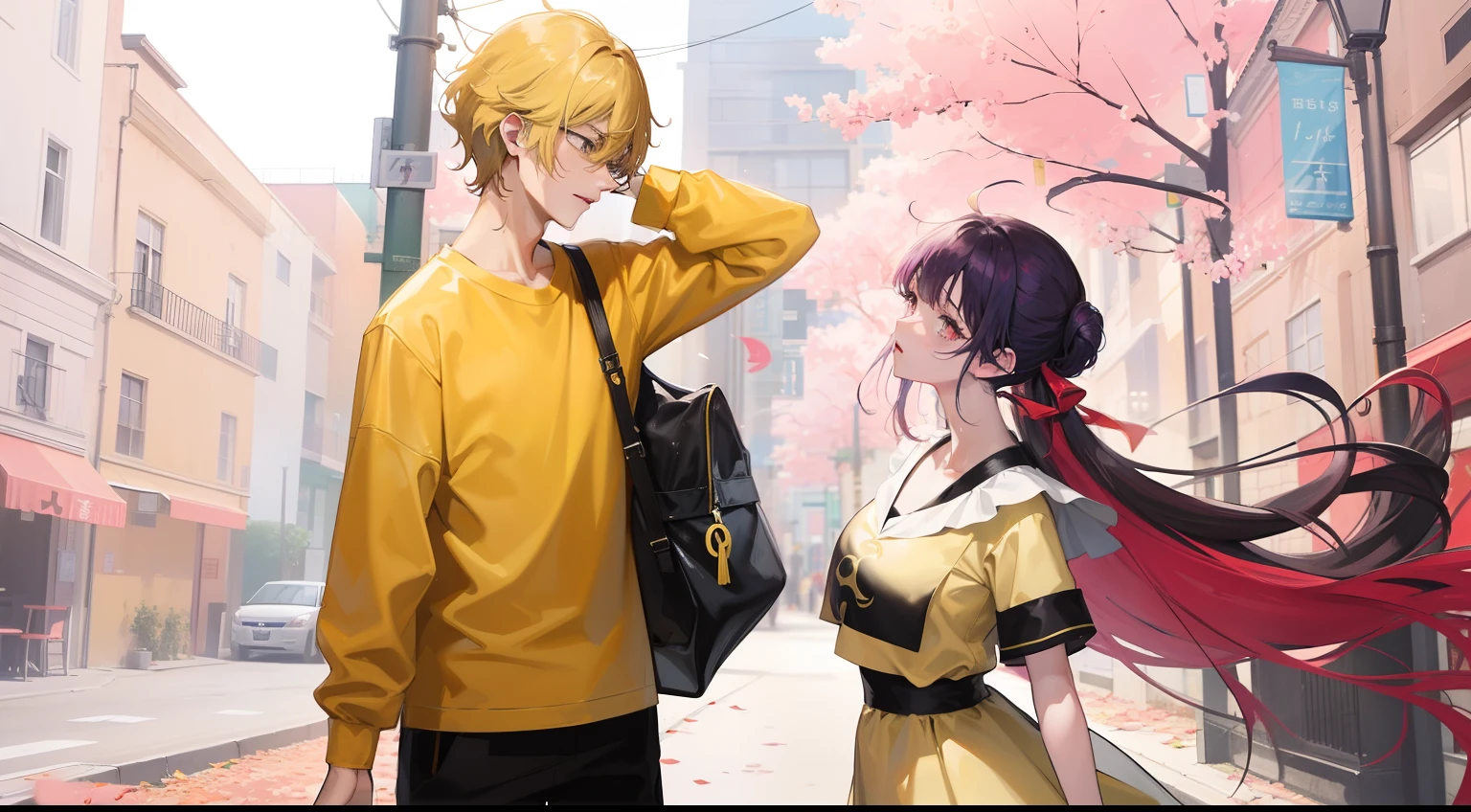 Anime characters in yellow shirts and black pants standing side by side, nixeu and sakimichan, puce and vermillion, frank franzzeta and sakimichan, sakimichan and frank franzzeta, An anime cover, Best Rated on pixiv, anime in fantasy style, WLOP and Sakimichan, shoujo romance
