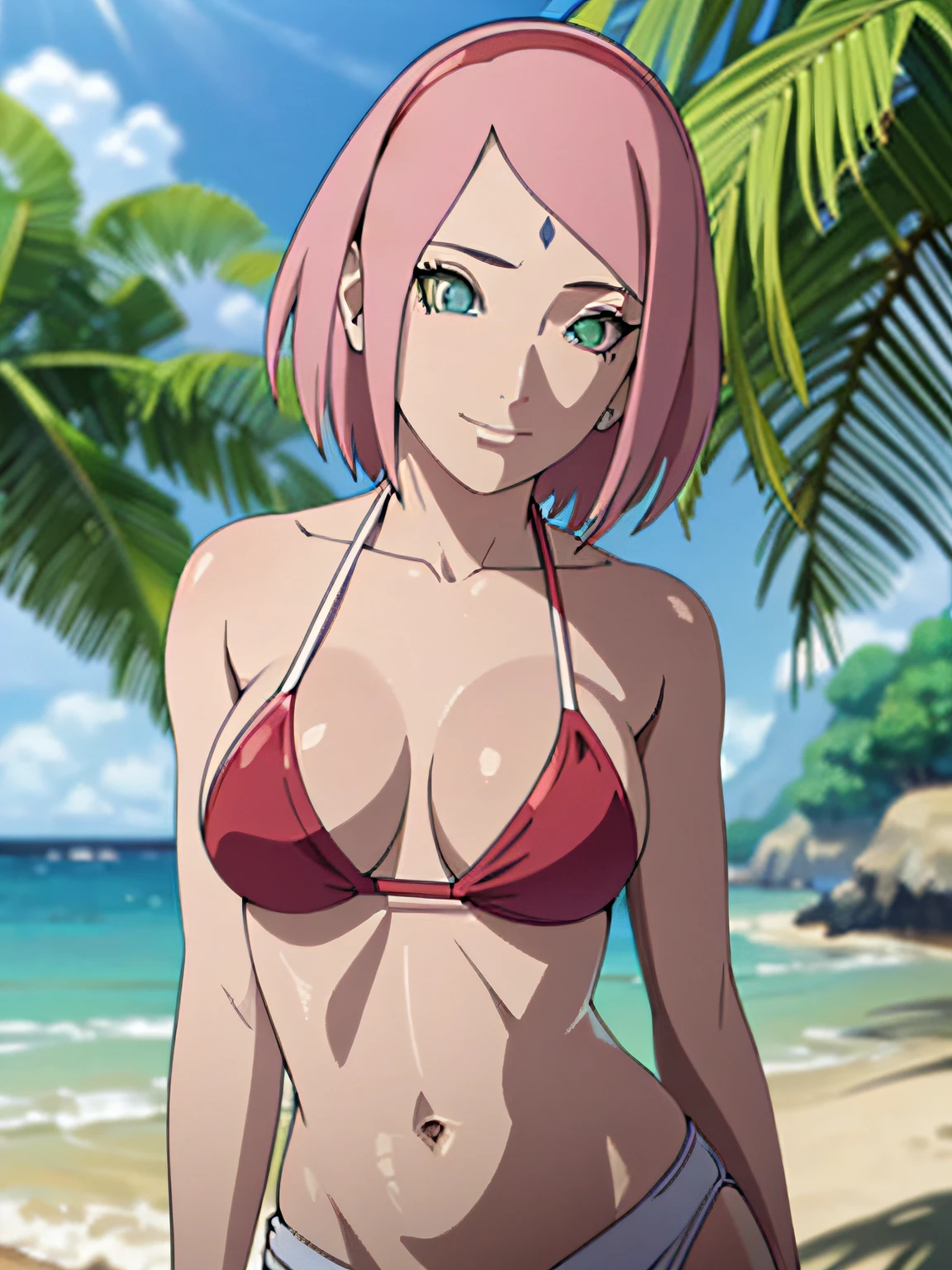 masterpiece, 4k, portrait, anime style, cowboy shot, professional artwork, detailed beach background, intricate details, colorful, digital blending, (ultra detailed body, ultra detail hair, ultra detail face), trending on pixiv, kind smile, best quality, anime style: 1.9, 1girl, hires, haruno sakura, (forehead mark, milf, red hairband, pale skin, small breasts, short hair, ((bare neck, red (micro) bikini top, (bikini top only)), white pants), (navel, belly button, bracelet, pink hair, closed mouth, big eyes), smile, beach, wind, floating hair, detailed arms, off-shoulders, broad shoulders, (slightly muscular arms, slightly strong biceps), standing)