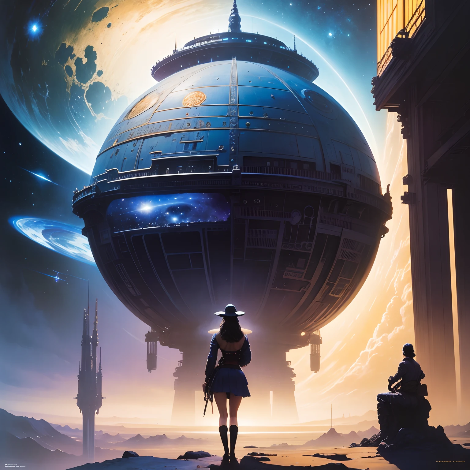 Robert McCall, Michael Whelan, David Hardy, Surreal, mysterious, strange, fantastical, fantasy, Sci-fi, Japanese anime, building the universe, cosmology in your head, solo beautiful miniskirt girl, perfect voluminous body, science fiction is picturesque, detailed masterpiece