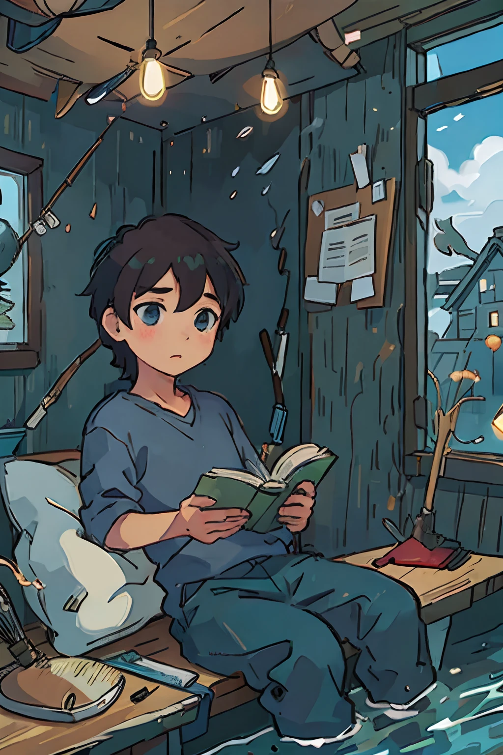 boy reading book in a fishing room