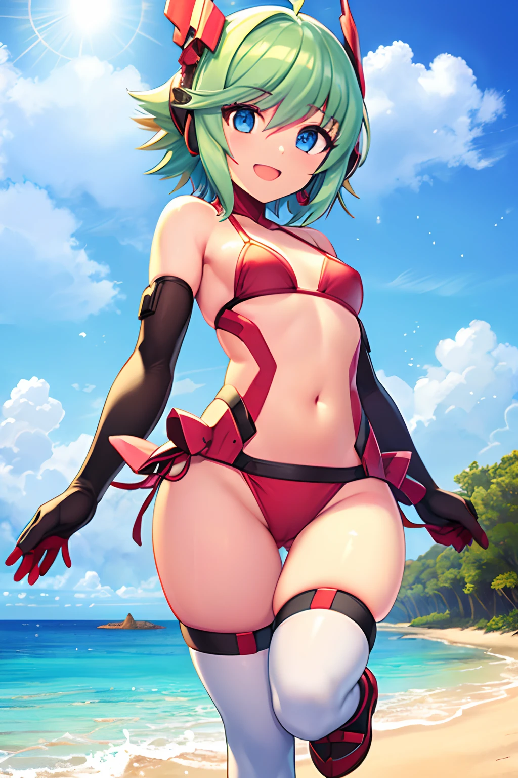 2d, masterpiece, best quality, anime, highly detailed face, highres, absurdres, incredibly absurdres, full_body, highly detailed background, 1girl, realistic hands, five fingers, elbow gloves, gloves, green hair, headgear, looking at viewer, blue eyes, short hair, solo, solo focus, sfw, black gloves, lola, white thighhighs (Masterpiece),(top-quality),in 8K, a beauty girl,Full body like,((small udder)),((skinny thigh)),(((Very Shorthair:1.3))), Nice big blue eyes, (High detail eyes), smiling, green hair, Hair fluttering in the wind,,(Red swimsuit:1),(Sports type swimwear:0.9),(Bikini type swimsuit:1.3)Swimsuit with a visible stomach, Girl,((hight resolution,nffsw,Perfect Pixel,depth of fields)),Beautiful anime girl, Beautiful Art Style,(soio), (highdetailskin:1.3), High school students,Mature body,Running, Soft skin,shores,sand beach,evening,Shiosai,gentle wind,a smile,blushing with embarrassment,Looking Up, Overhead configuration,Floating Droplets, Lens Flare, Fine Features,optimal ratio of four fingers and one thumb,Perspective, Glow white particles, flare, Fine Features, Perfect Anatomy Tommy, Centered, Perfect distance, Highly detailed, with an intricate, acurate, Highly detailed rich colors, Rich colors, clean, Rich colors, elaborate details, golden ratio illustrations , lola, green hair, big detailed eyes, blue eyes, Red mecha headgear, fully robotic!! girl, nanogirlv 2, symphogear, fully robotic!, mecha suit