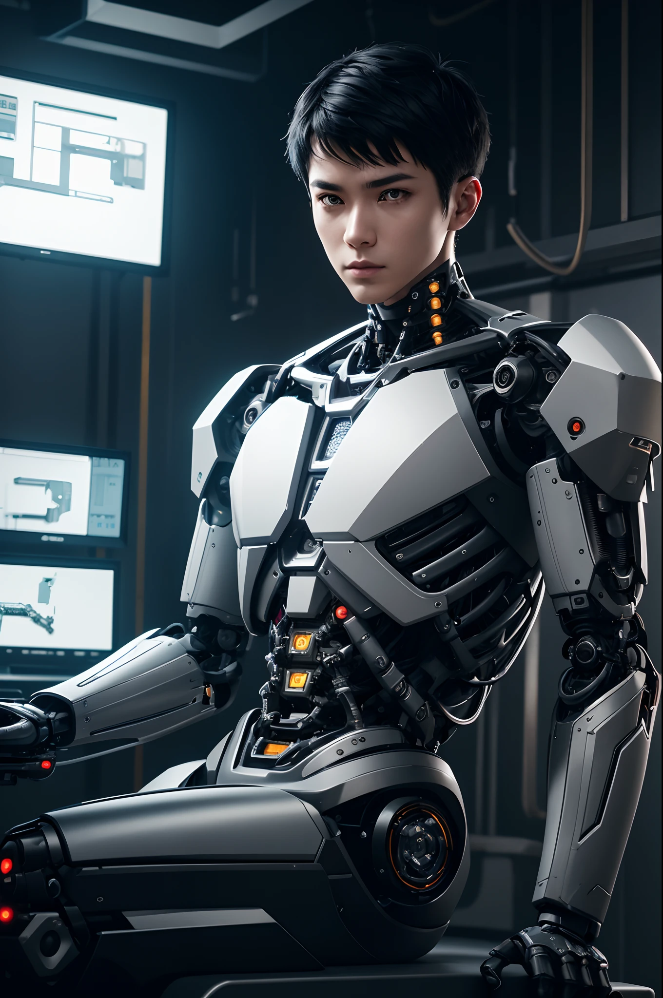 Young Male Cyborg,Body in production,Intelligent Bionic Robot、Short-haired man with black hair、The body of a delicate machine,Cyborg Robot Parts、A young man,Bare skeleton,cable electric wires、microchips、bright studio、hyperphotorealism、high-detail、intricate detailes、softlighting、Rim Lights、rendering by octane、Unreal Engine 5 Renders、Mechanical Public Enemy Style、8K、top-quality、masterpiece、Low ISO、White Balance、high key lighting、Creates a soft and graceful feel with a shallow depth of field,超A high resolution,cyberpunked.Connected to a large number of cables,In the process of being made,