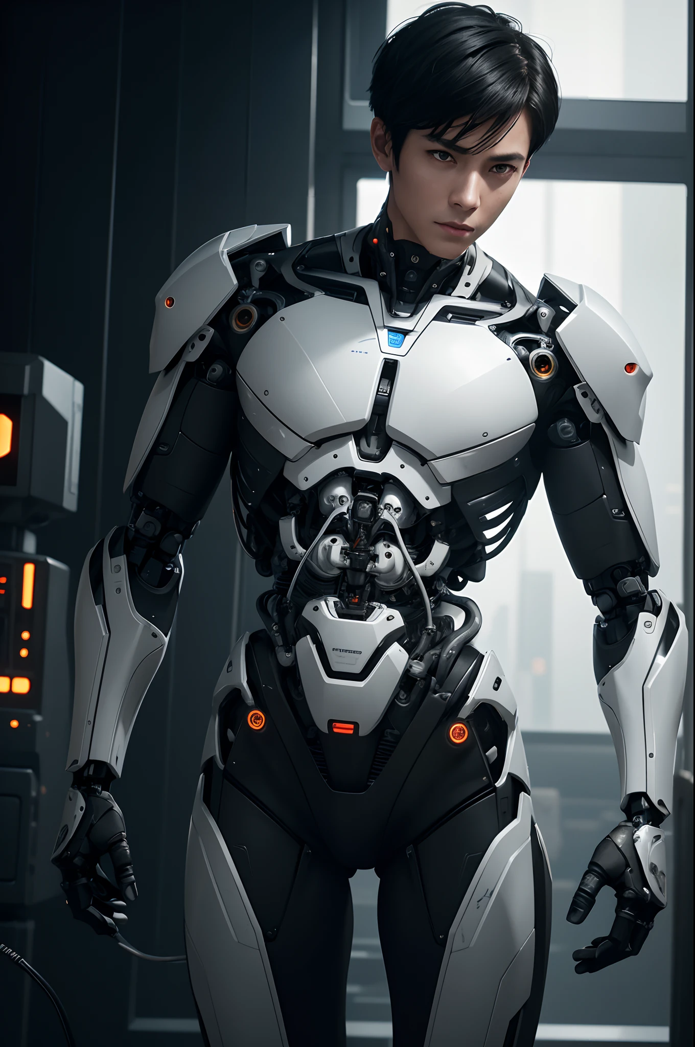 Young Male Cyborg,Body in production,Intelligent Bionic Robot、Short-haired man with black hair、The body of a delicate machine,Cyborg Robot Parts、A young man,Bare skeleton,cable electric wires、microchips、bright studio、hyperphotorealism、high-detail、intricate detailes、softlighting、Rim Lights、rendering by octane、Unreal Engine 5 Renders、Mechanical Public Enemy Style、8K、top-quality、masterpiece、Low ISO、White Balance、high key lighting、Creates a soft and graceful feel with a shallow depth of field,超A high resolution,cyberpunked.Connected to a large number of cables,In the process of being made,