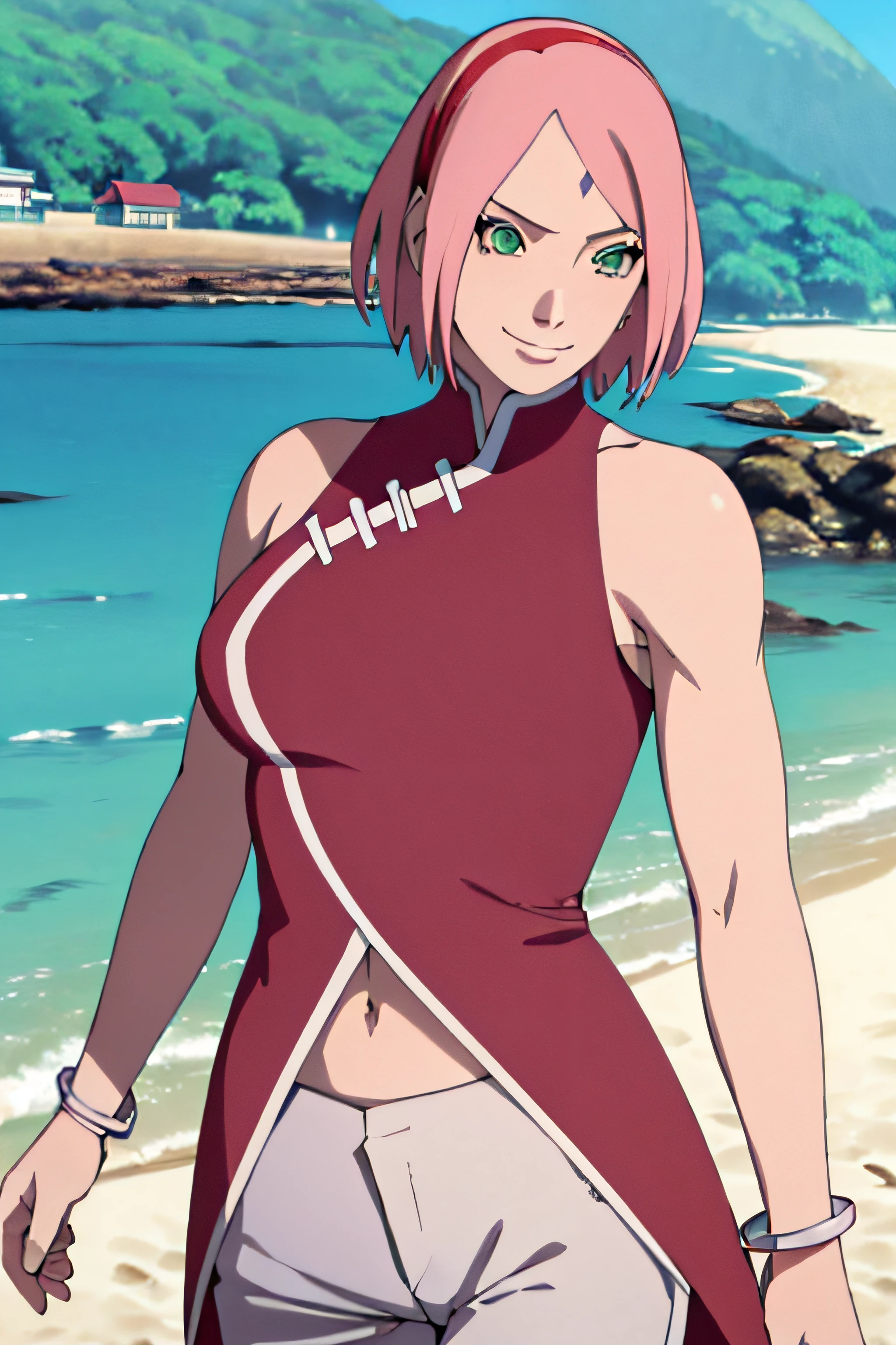 masterpiece, 1k, portrait, face shot, professional artwork, detailed beach background, intricate details, colorful, digital blending, (ultra detailed body, ultra detail hair, ultra detail face), trending on pixiv, kind smile, very hot color, best quality, anime style: 1.9, 1girl, hires, haruno sakura, (forehead mark, milf, red hairband, pale skin, short hair, ((red sleeveless dress), white pants), navel, groin, bracelet, pink hair, (ultra detailed green eyes), smile, beach, wind, floating hair, detailed arms, off-shoulders, slightly muscular arms, (dirty armpits), standing)