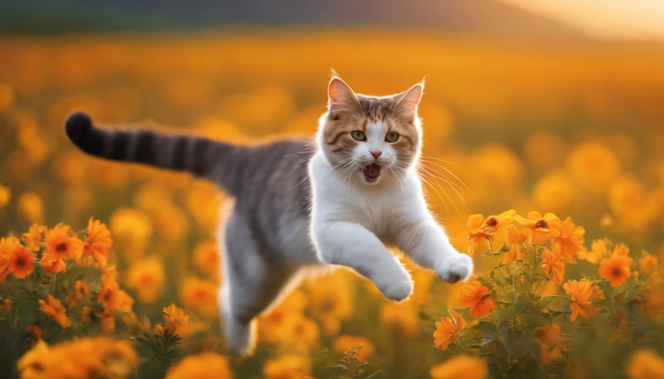 Cat dancing while jumping in a flower field