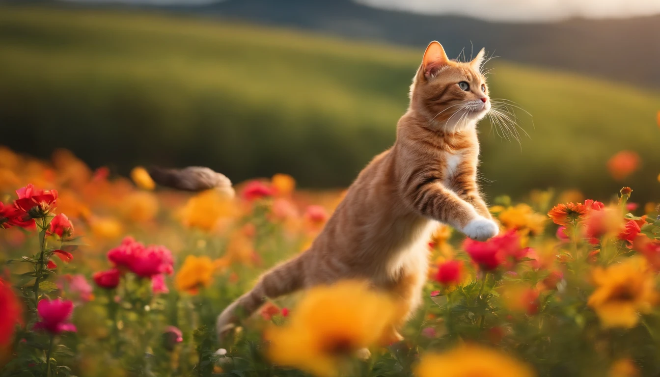 Cat dancing while jumping in a flower field