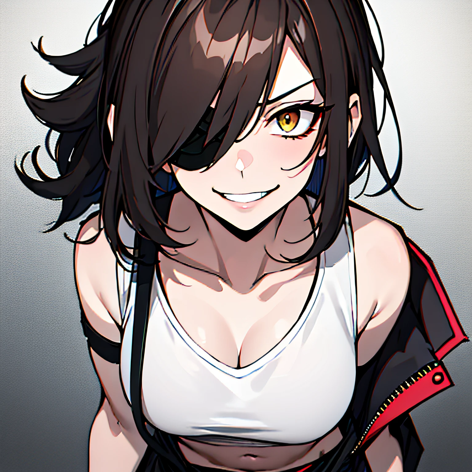 (absurdres, 8k, 4k, masterpiece, hyper extreme detailed:1.2), solo, 1girl, front view, portrait, best quality, expressive eyes, perfect face, 1girl, portrait, solo, standing, Female, toned body, mature female, small breasts, pale, hair covering one eye, dark brown hair, long hair, eyepatch, sarcastic, snarky, soldier, adult, hazel eyes, shorts, delinquent, sarcastic, white jacket tied around waist, graphic t-shirt, smirk, crazy eyes, messy hair, swept bangs, midriff, hand on head, hand on shoulder, exposed collarbone, exposed left shoulder,