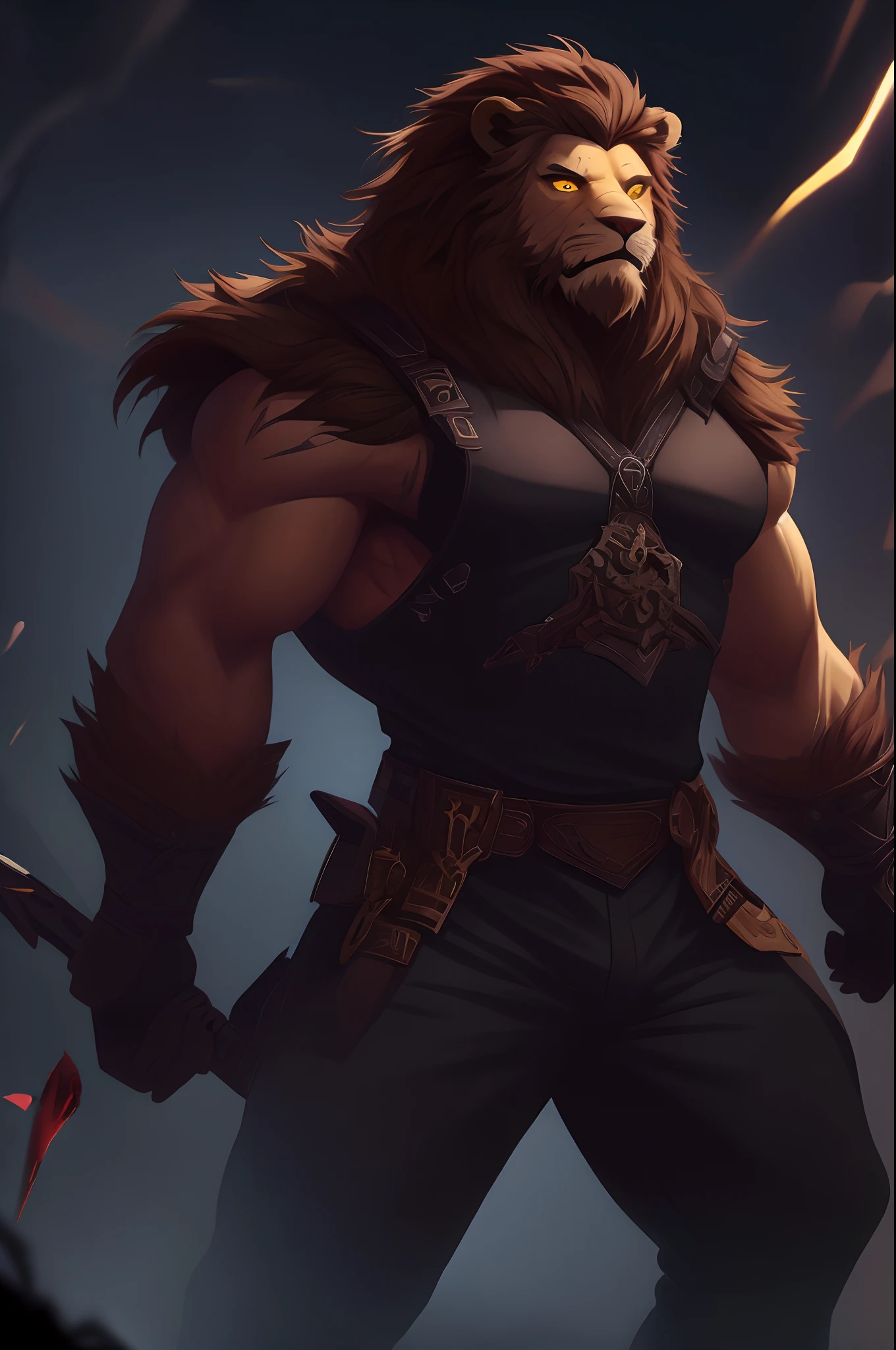 masterpiece, highest quality, anthropomorphic lion, (short dark-brown hair), thick mustache, stubble, scar across left eye minimal black armor, yellow eyes, covered in blood, weapon in hand, full body portrait