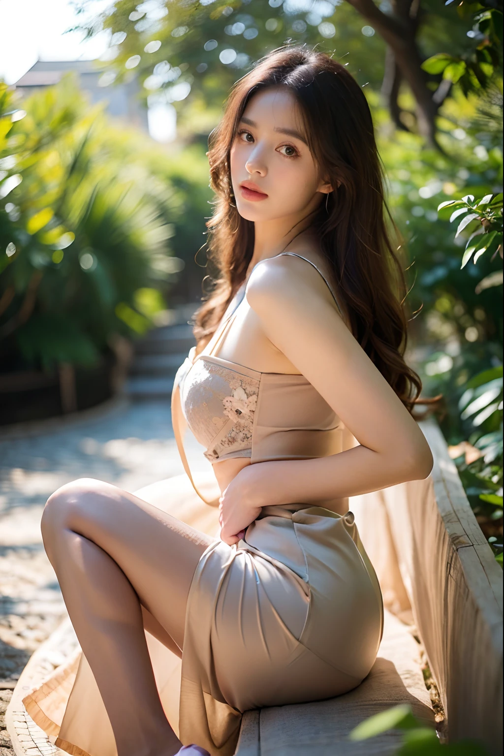 (best quality,4k,8k,highres,masterpiece:1.2),ultra-detailed,(realistic,photorealistic,photo-realistic:1.37),beautiful detailed eyes,beautiful detailed lips,extremely detailed eyes and face,long eyelashes,artistic rendering,oil painting,soft brush strokes,feminine appearance,natural light,serene atmosphere,colorful flowers in the background,vibrant colors,subtle shadows,graceful pose,expressive eyes,rosy cheeks,luminous skin,flowing hair,vintage dress,floral patterns,peaceful garden scenery,warm sunlight,gentle breeze,blending colors,impressionist style,soft pastels,pathway leading into the distance,sunlit trees,delicate features,focal point on the girl,fantasy elements,ethereal feel,romantic ambiance,surreal landscape,delicate details,black underwear