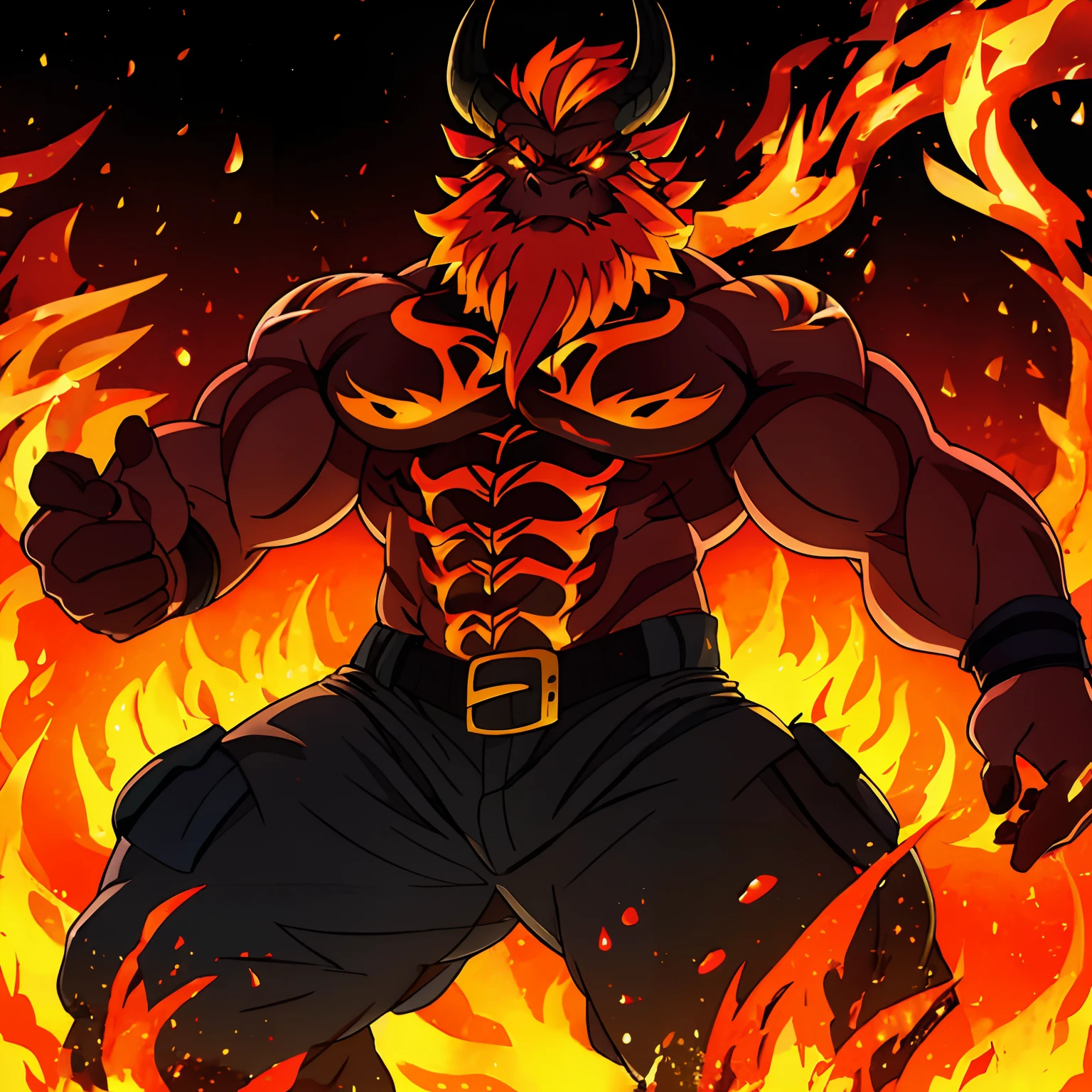 Adult male, black draconic horns with glowing lines going through them, dark red and molten dragon scales on body, very muscular and scarred, long glowing fire like hair, orange hair color, glowing fiery eyes, dark red eye color, black sclera, African american, long fire like beard, orange colored beard, glowing orange fire like tattoos covering body, black colored battle gauntlets with fire like lines going through them, shirtless, black cargo pants with holes in them.