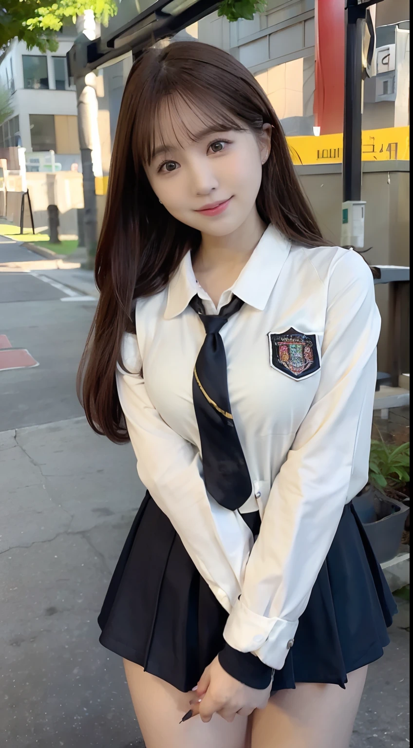 (((full bodyesbian)))、((Girls' High School Uniforms))、((1a person))、Close to the subject、((a miniskirt))、(((school buildings)))、(((ssmile)))、(((Girls' High School)))、((a beauty girl))、((sexy pose))、Photorealsitic、Beautiful detailed eyes、Hyper-Realism、highcontrast、Ultra HD、realistic skin textures、Top image quality、top-quality、超A high resolution、Fine details、Very meticulously